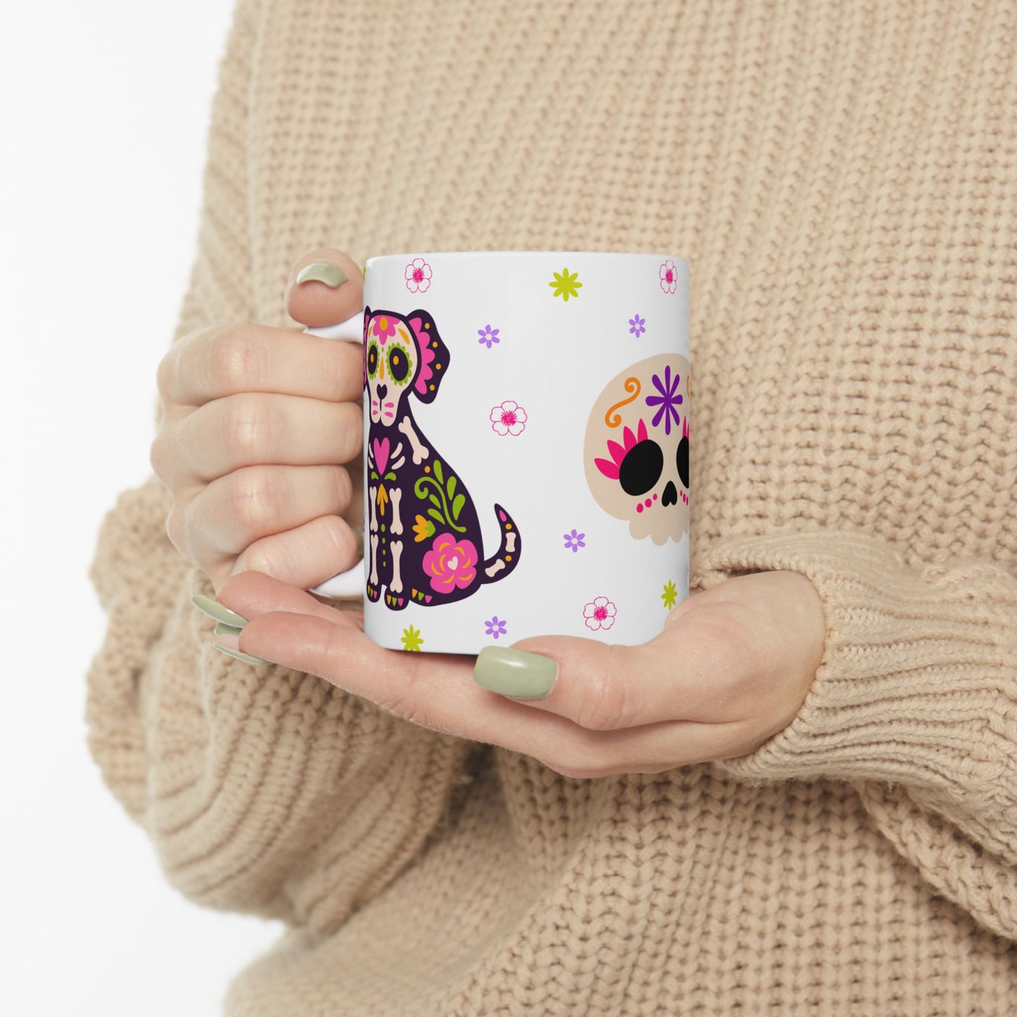 Colorful Day of the Dead Ceramic Mug, Halloween Gift, Sugar Skull Cup, Dog Lover's Mug, Festive Coffee Tea Cup