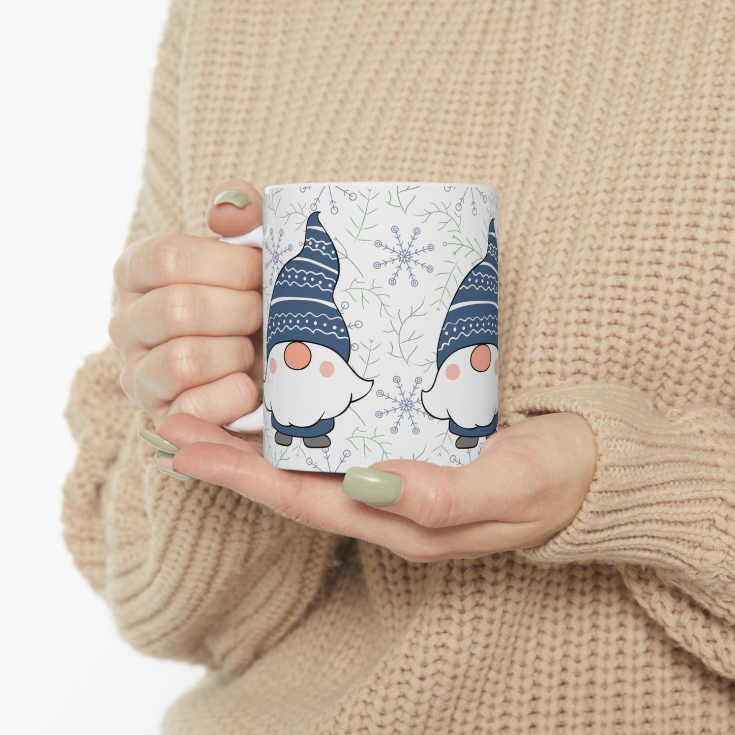 Blue Gnome Winter Mug, Snowflake Ceramic Coffee Cup, Cozy Christmas Gift, 11oz Holiday Gnome Mug