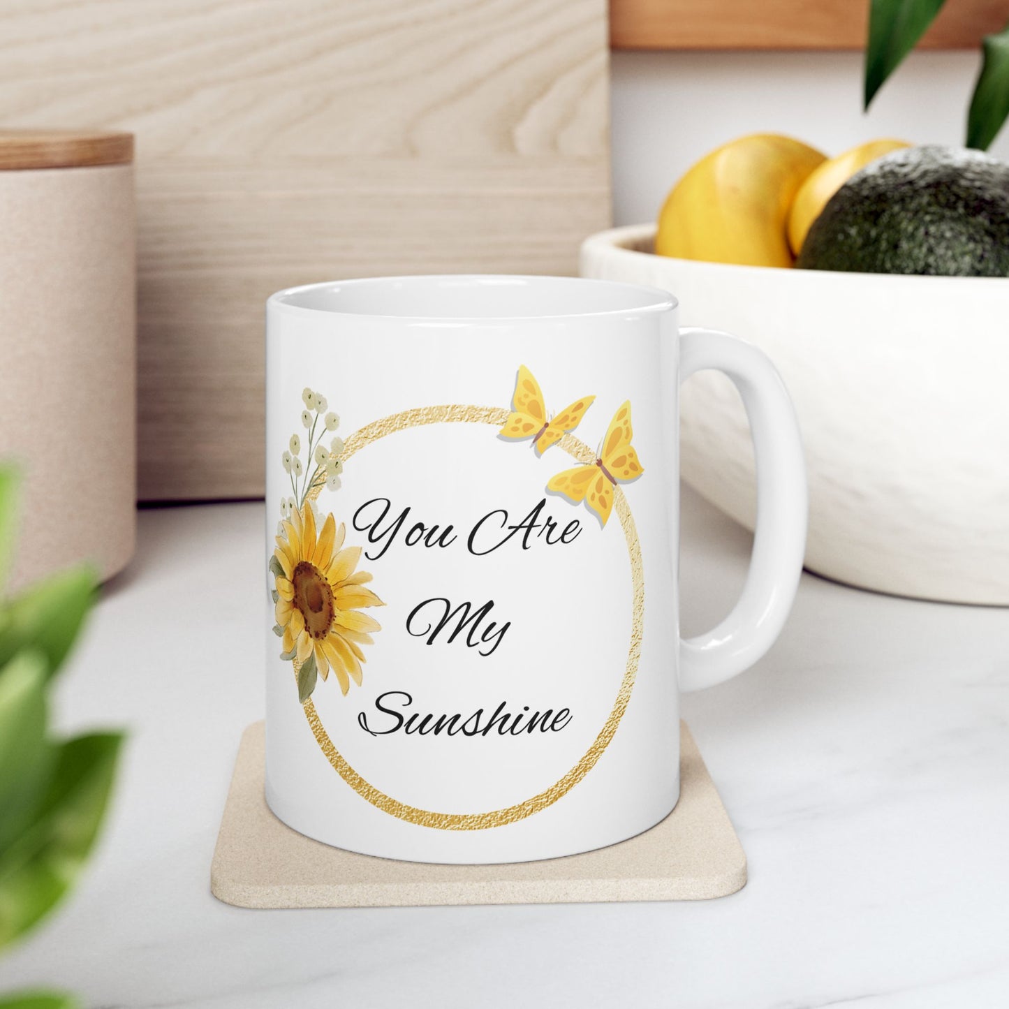 You Are My Sunshine Mug, Sunflower and Butterfly Ceramic Coffee Cup, Inspirational Gift for Mom or Friend, Mother's Day Mug