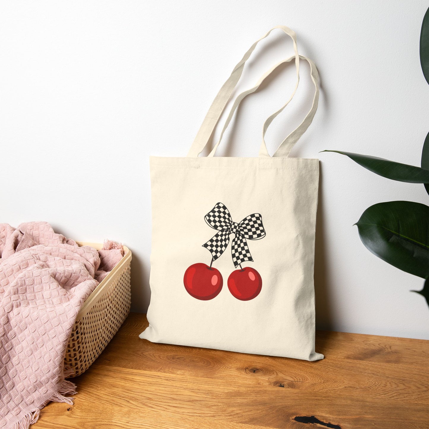 Cherry Print Canvas Tote Bag, Eco-Friendly Grocery Tote, Cute Gift for Mom, Chic Shopping Bag, Summer Accessory
