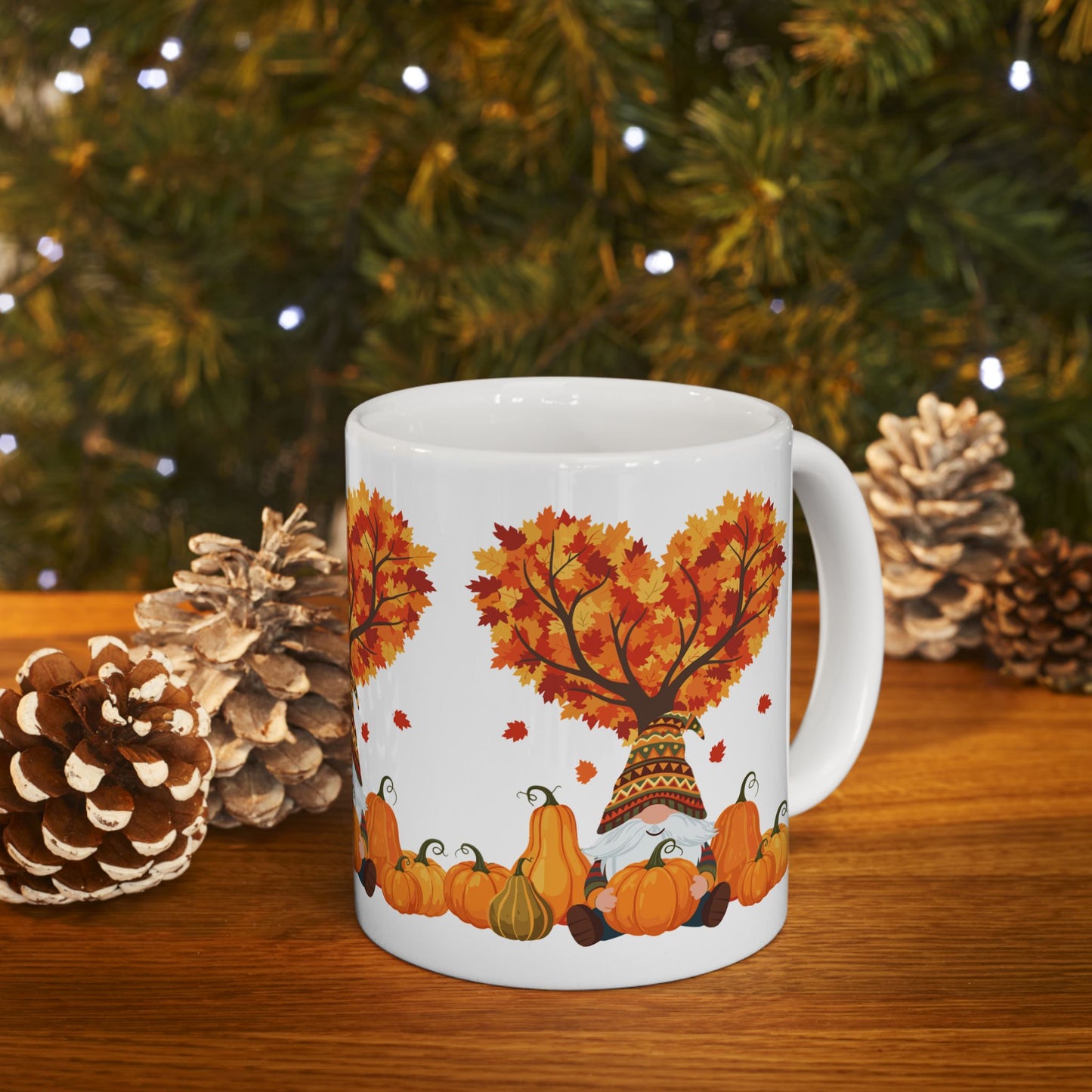 Fall Gnome Pumpkin Mug β Cozy Autumn Coffee Cup with Heart Tree Design, Perfect for Seasonal Sips & Gift Giving