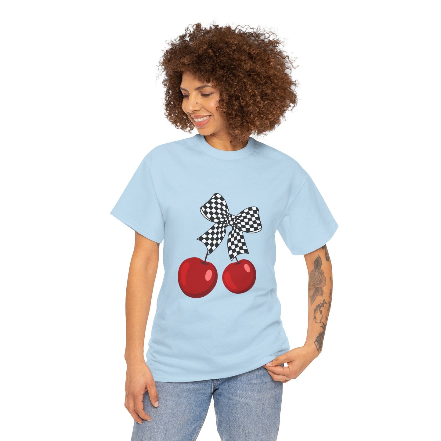 Cherry Bow Unisex Heavy Cotton Tee, Cute Graphic Tee, Casual Wear, Summer Shirt, Perfect Gift, Retro Style Tee