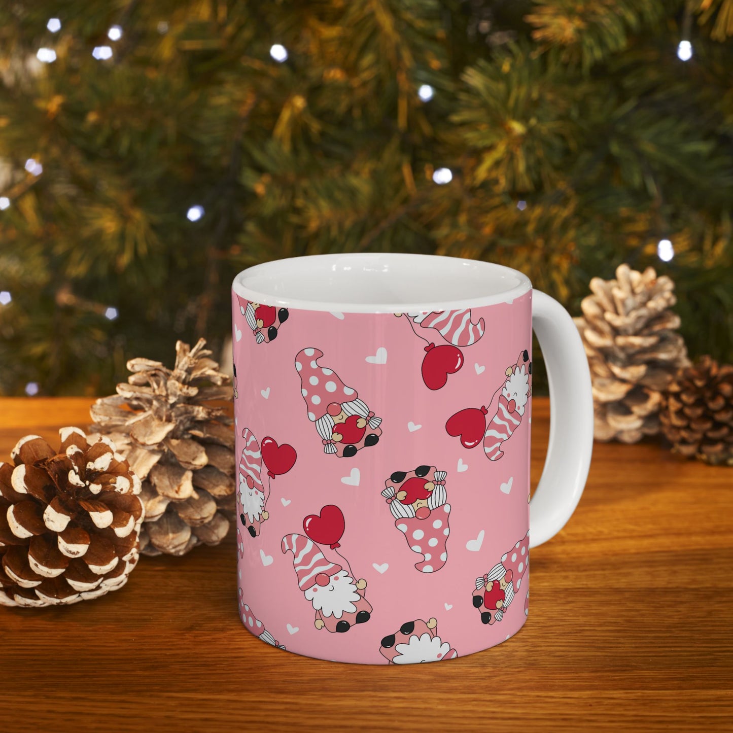 Valentine Gnome Mug, Pink Heart Mug for Her, Cute Gnome Coffee Cup, Romantic Gift for Girlfriend, Whimsical Valentine's Day Mug