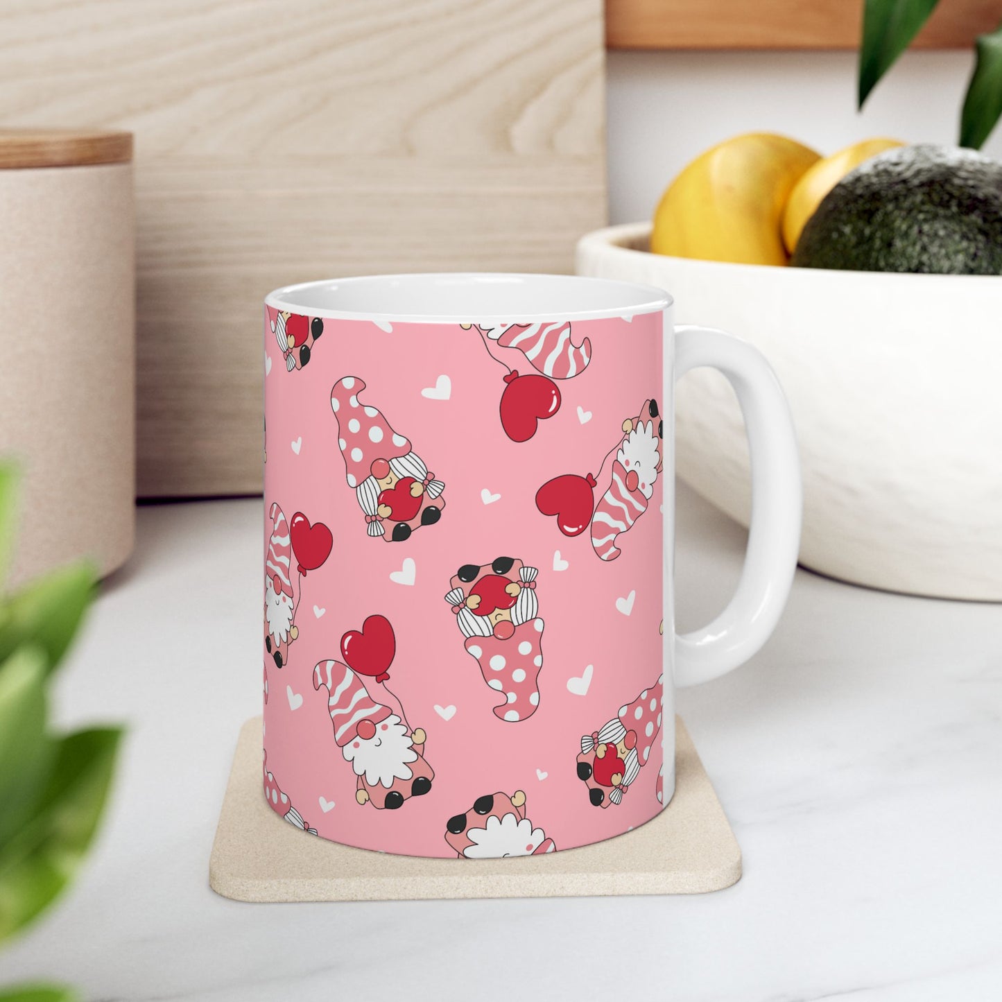 Valentine Gnome Mug, Pink Heart Mug for Her, Cute Gnome Coffee Cup, Romantic Gift for Girlfriend, Whimsical Valentine's Day Mug