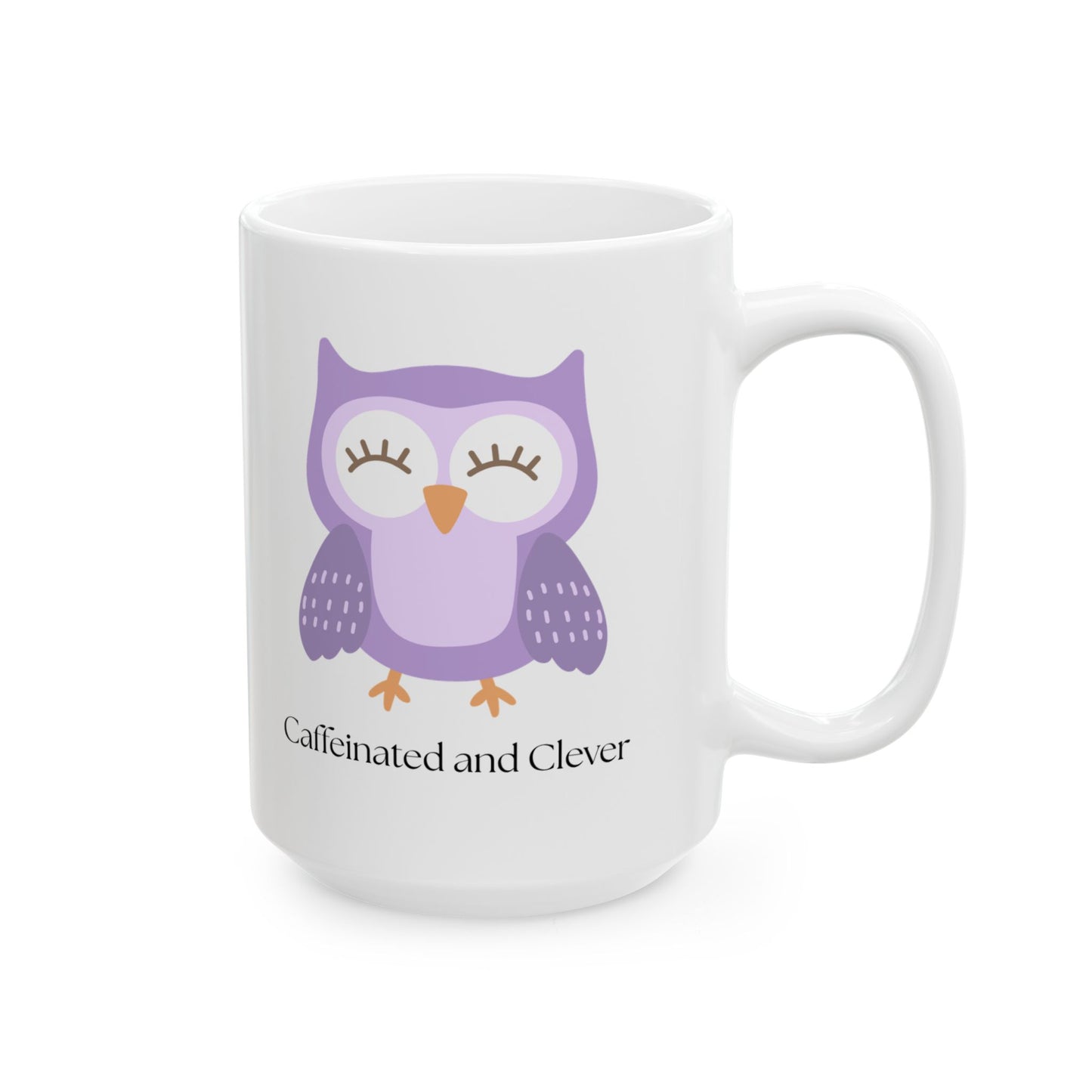 Caffeinated and Clever Mug, Cute Purple Owl Coffee Cup, Ceramic Mug for Book Lovers & Owl Fans