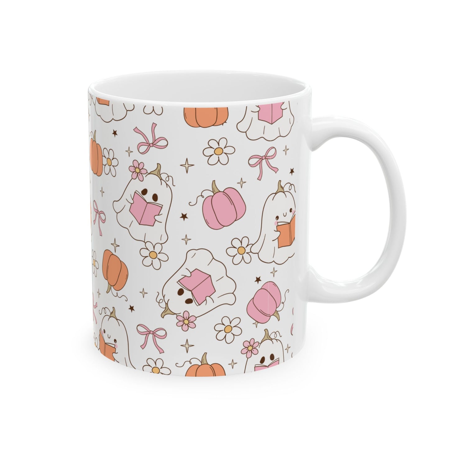 Halloween Ghost Pumpkin Pink Ceramic Mug, Trick or Treat Cup, Fall Season Coffee Mug, Halloween Decor, Autumn Tea Cup