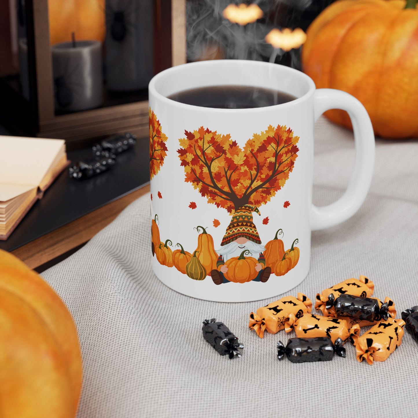 Fall Gnome Pumpkin Mug β Cozy Autumn Coffee Cup with Heart Tree Design, Perfect for Seasonal Sips & Gift Giving