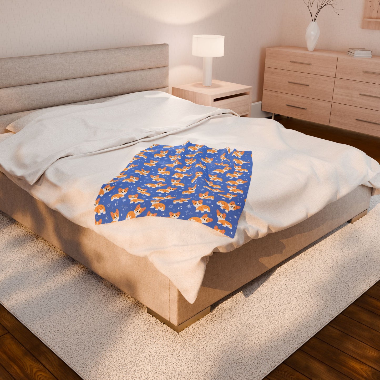 Blue Corgi Pattern Velveteen Plush Blanket, Cozy Corgi Throw Blanket, Soft Pet Blanket, Cute Dog Decor for Home, Gift for Dog Lovers