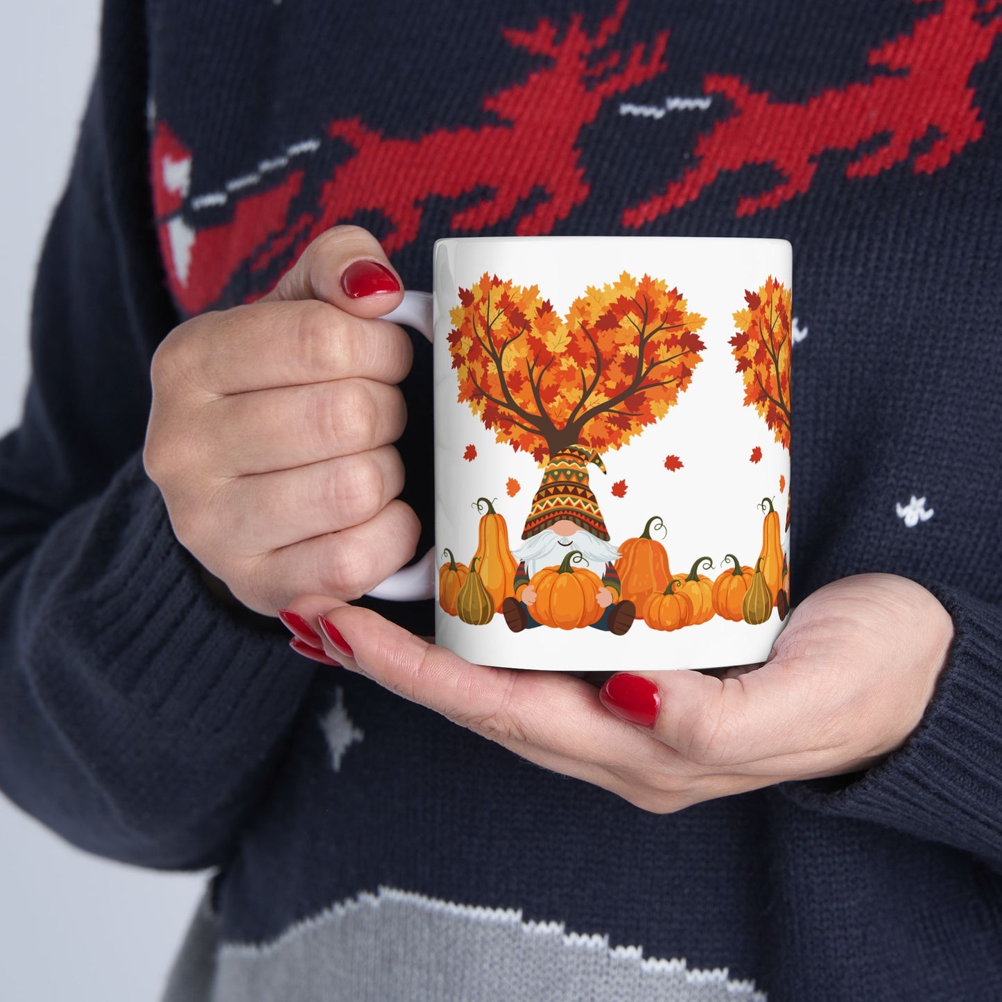 Fall Gnome Pumpkin Mug β Cozy Autumn Coffee Cup with Heart Tree Design, Perfect for Seasonal Sips & Gift Giving