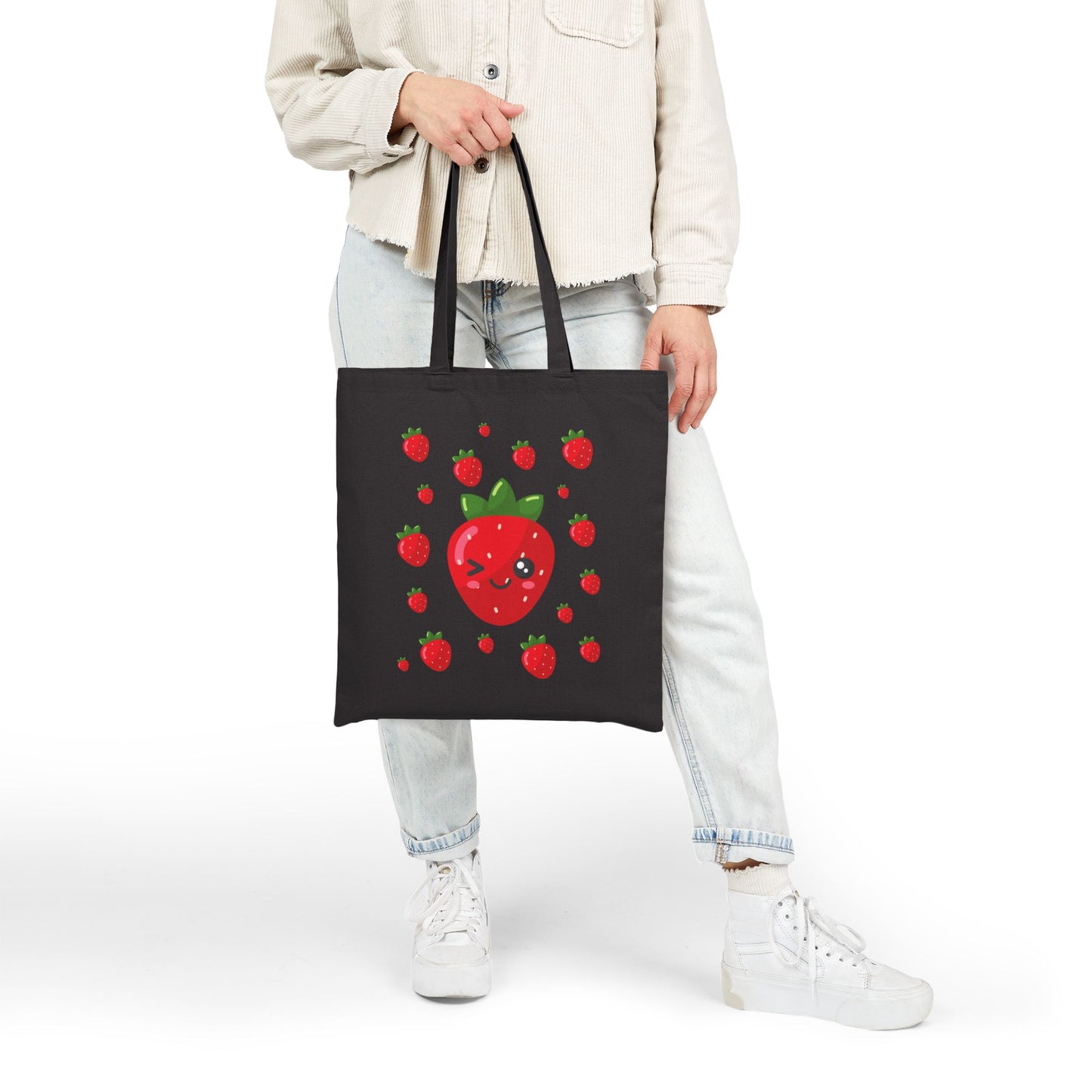 Kawaii Strawberry Canvas Tote Bag, Eco-Friendly Shopping Bag, Cute Tote for Groceries, Beach, or School, Gift for Fruit Lovers