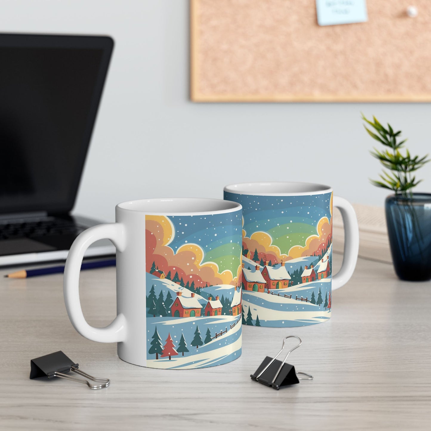 Ceramic Mug Winter Snow Scene, Town and Trees Holiday Gift, Winter Coffee Cup, Festive Hot Cocoa Mug, Christmas Gift, Seasonal Tea