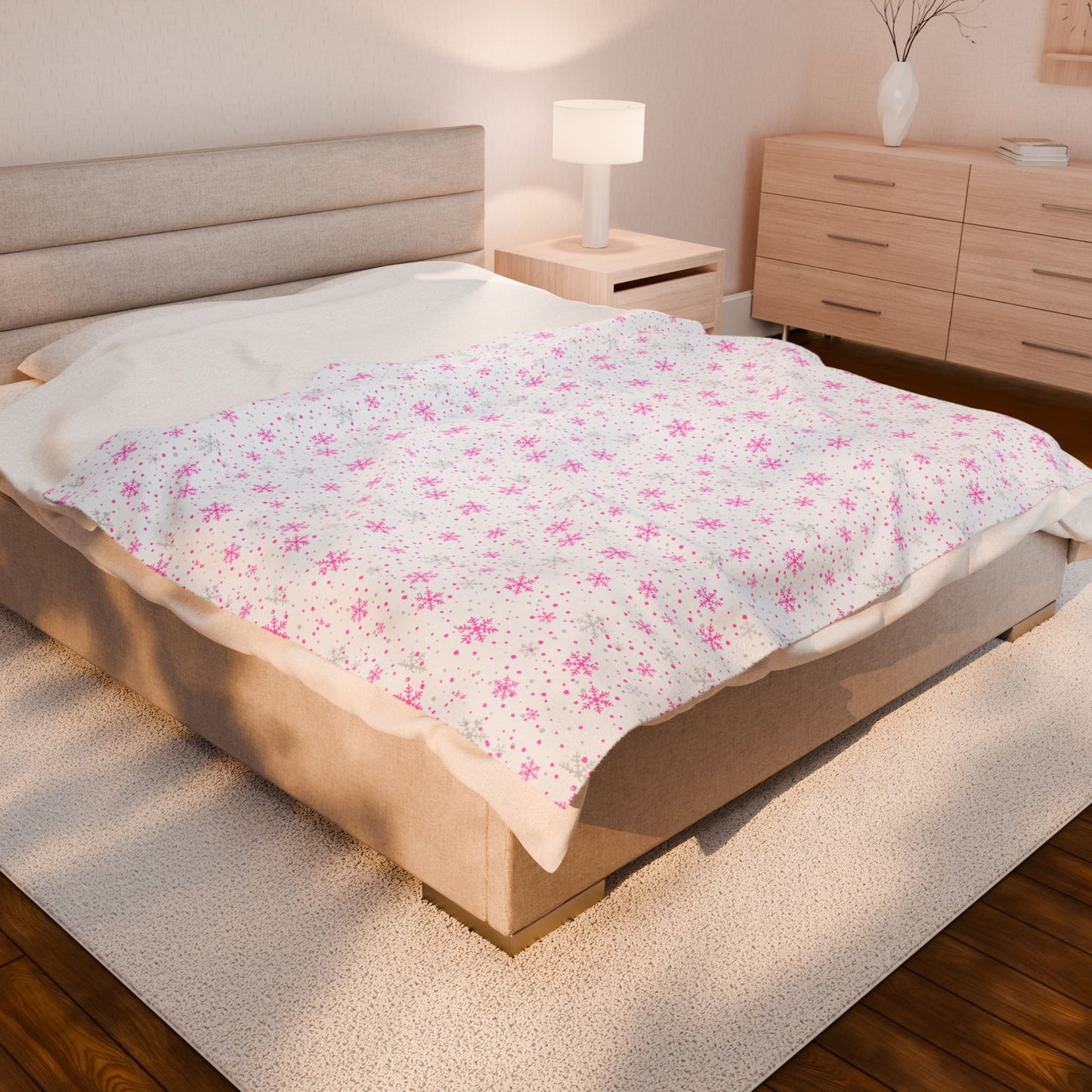 Pink & Silver Snowflake Velveteen Plush Blanket – Cozy Winter Decor & Gift
