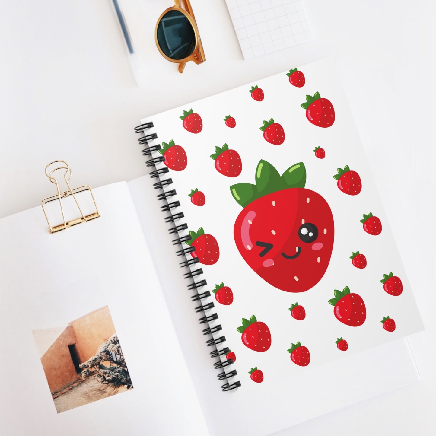 Smiling Strawberry Spiral Notebook - Perfect for School, Journaling, Gifts, Stationery, Summer Vibes, Goal Setting