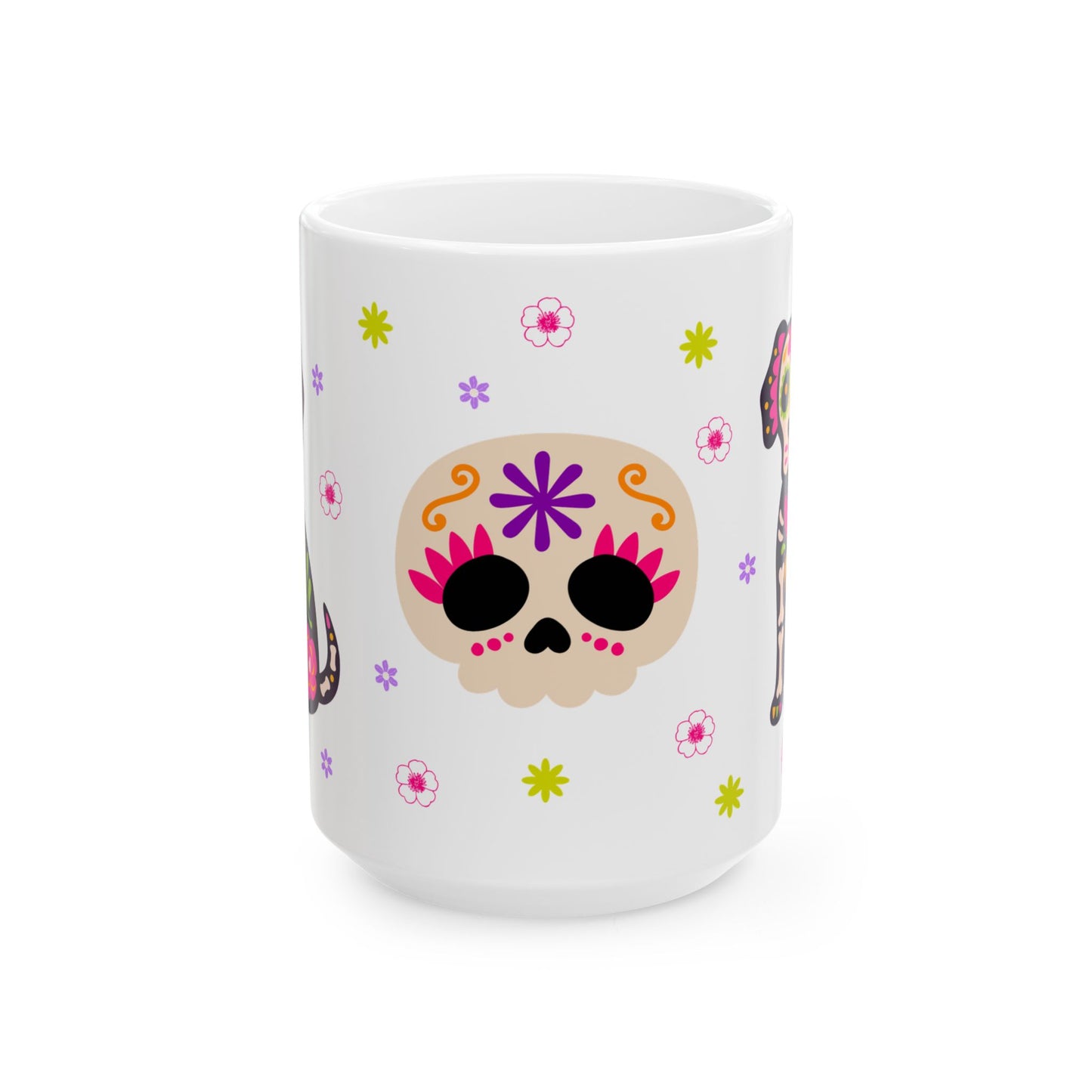 Colorful Day of the Dead Ceramic Mug, Halloween Gift, Sugar Skull Cup, Dog Lover's Mug, Festive Coffee Tea Cup