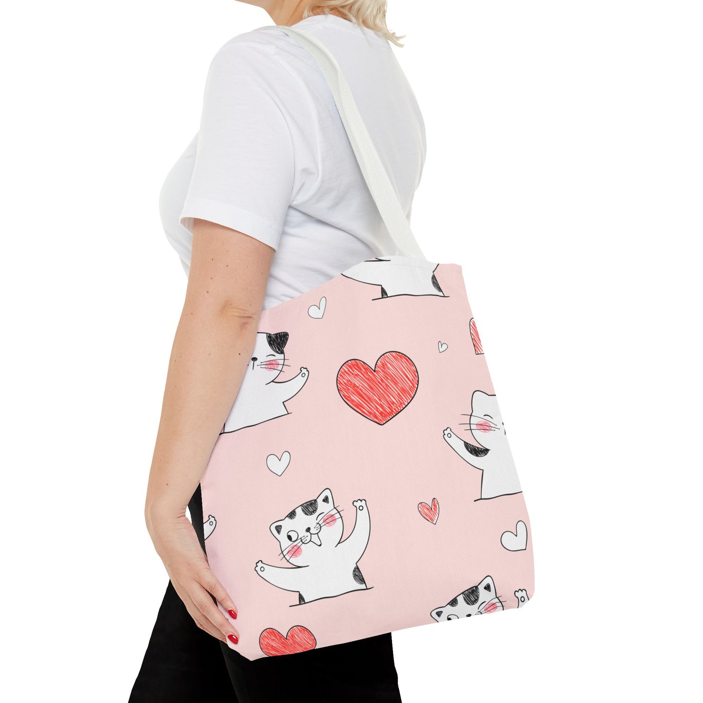 Cute Cat & Heart Canvas Tote Bag β Pink Reusable Shopping Bag for Cat Lovers