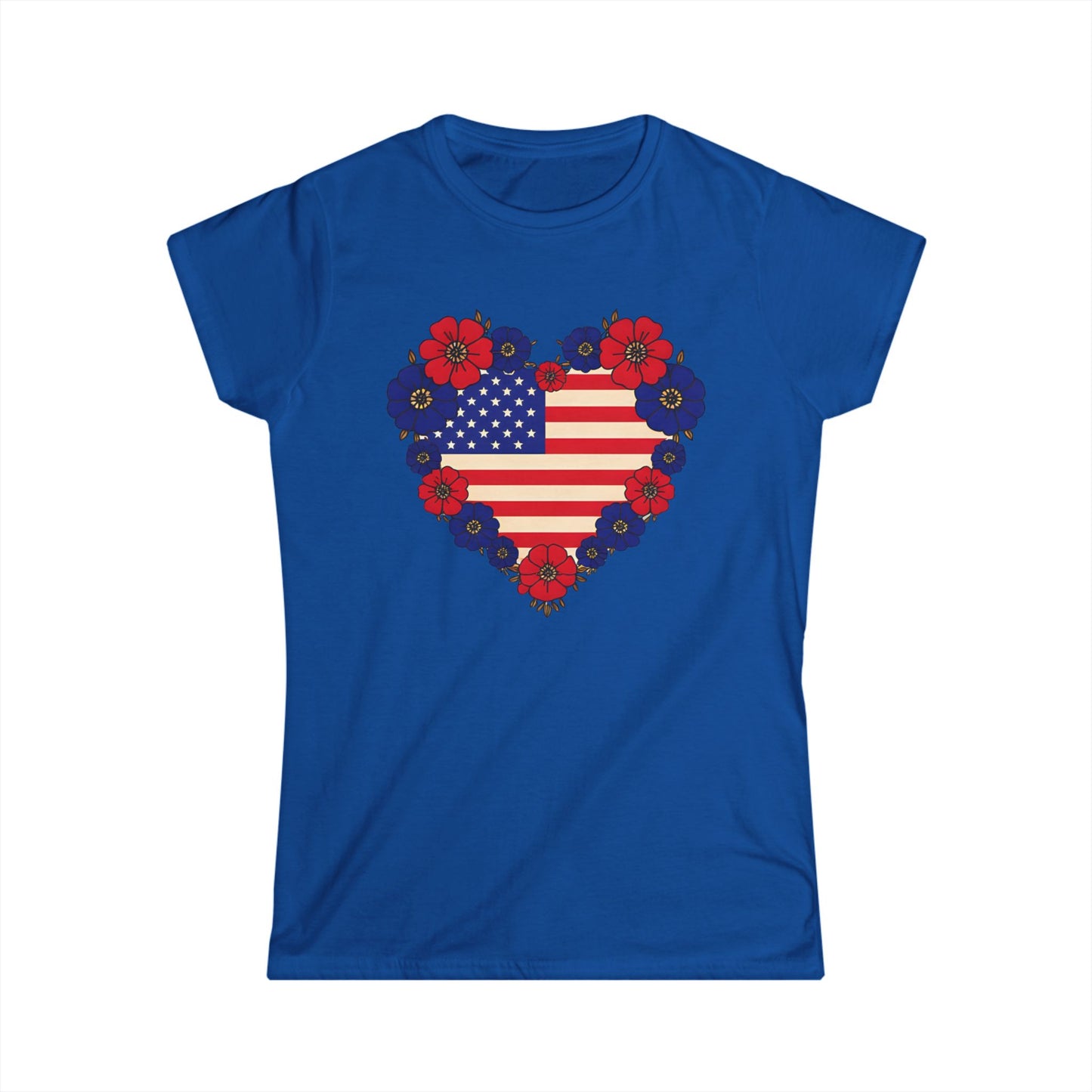 Patriotic Floral Heart Tee | Women's Softstyle USA Flag T-Shirt for Independence Day, Memorial Day, Summer Barbecues