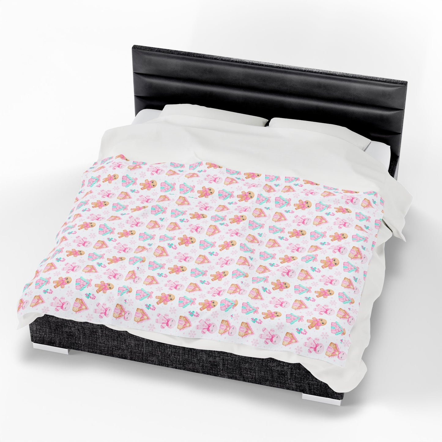 Pink Gingerbread Christmas Velveteen Plush Blanket, Holiday Cozy Soft Blanket, Great Holiday Gift, Gingerbread House Throw Bedding