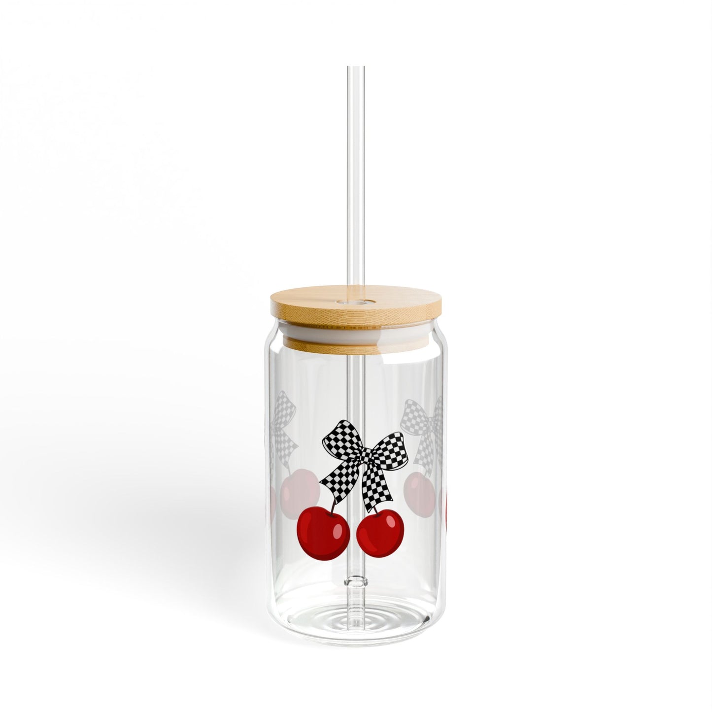 Gingham Cherry Sipper Glass | 16oz Drinking Jar with Straw, Cute Checkered Kitchen Decor, Summer Party Drinkware