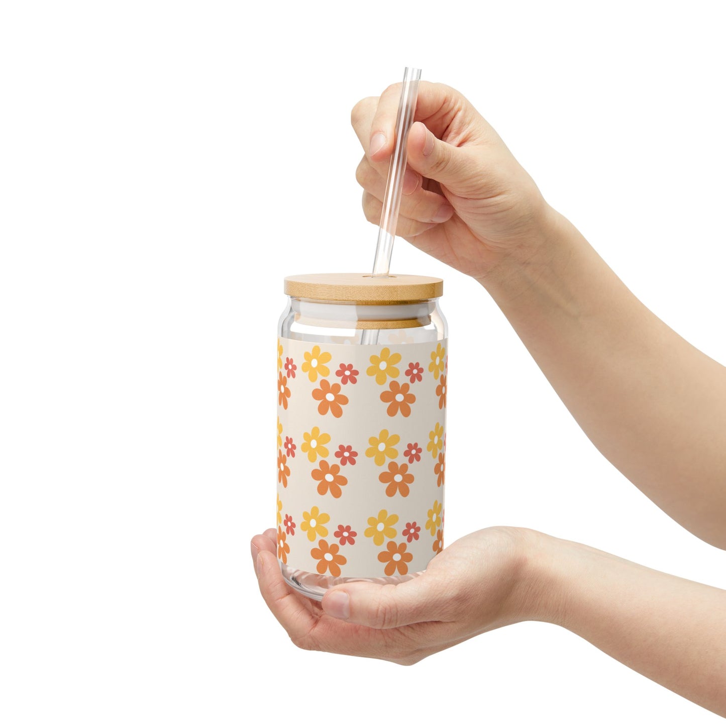 Boho Floral Sipper Glass, 16oz | Retro Drinkware, Summer Hydration, Party Favors, Kitchen Decor, Gift Idea