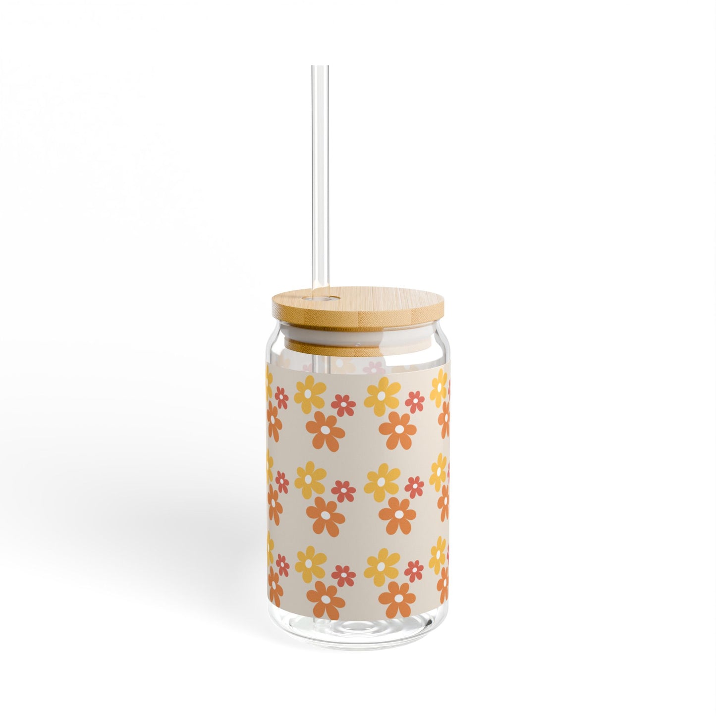 Boho Floral Sipper Glass, 16oz | Retro Drinkware, Summer Hydration, Party Favors, Kitchen Decor, Gift Idea