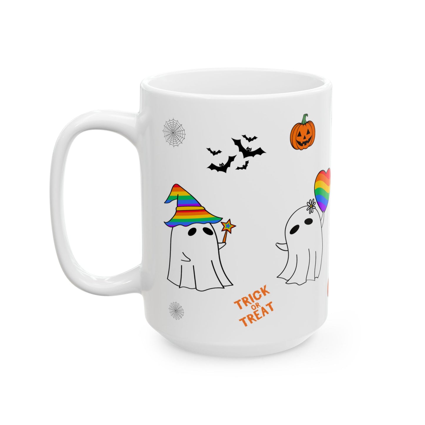Pride Halloween Ghost Ceramic Mug, LGBTQ Coffee Mug, Rainbow Pride Tea Mug, 11oz, 15oz