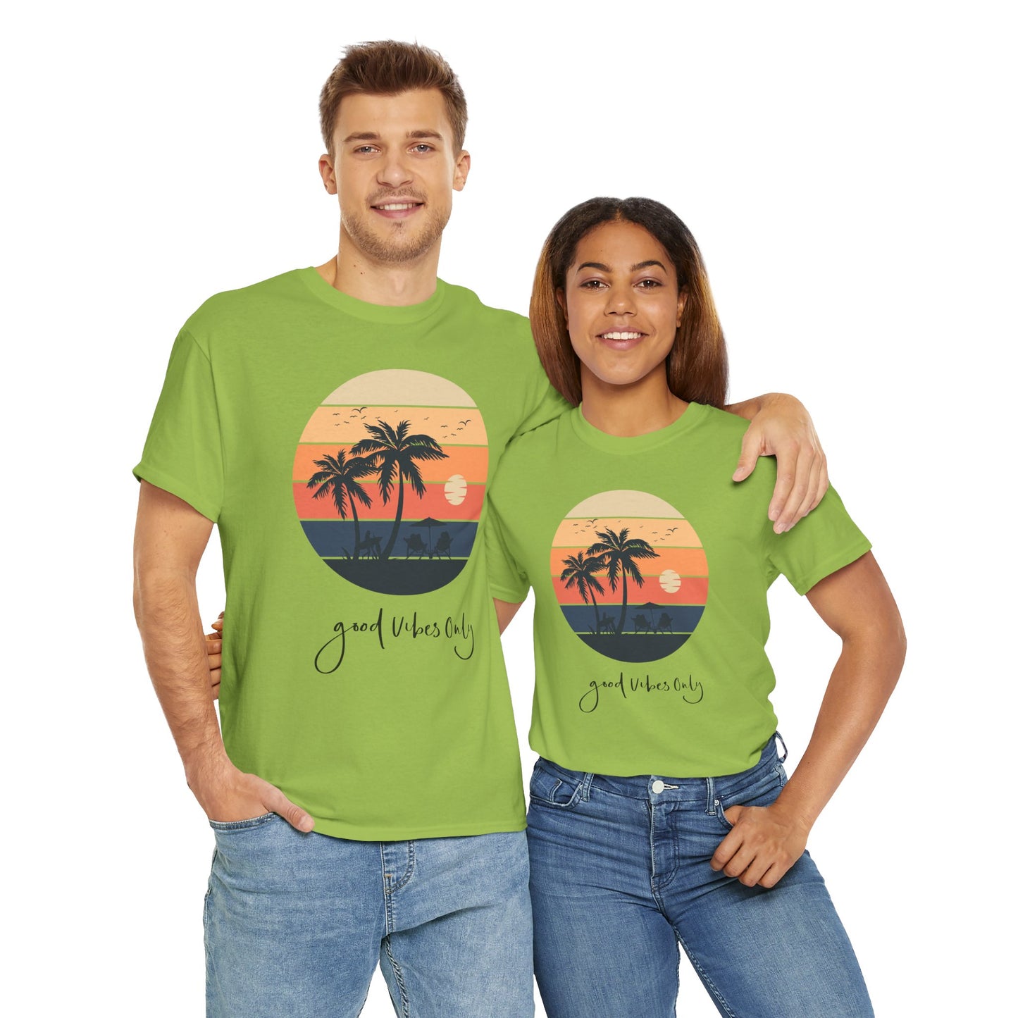 T-Shirt with Sunset Palm Graphic, Good Vibes Only Tee, Relaxed Style, Beachwear Inspiration, Summer Outfits, Vacation Casual