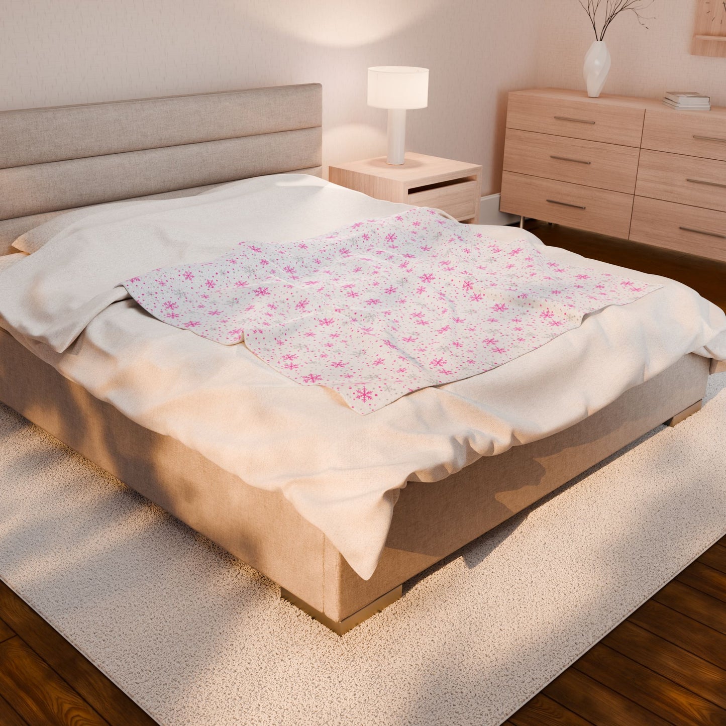 Pink & Silver Snowflake Velveteen Plush Blanket – Cozy Winter Decor & Gift
