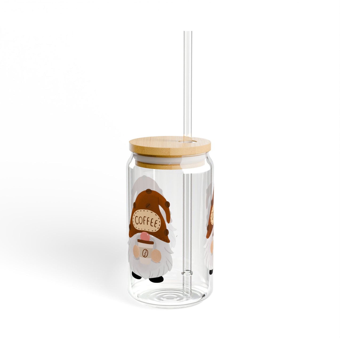 Gnome Coffee Sipper Glass, 16oz, Cute Drinkware, Coffee Lover Gift, Fun Kitchen Decor, Eco-friendly Beverage Container