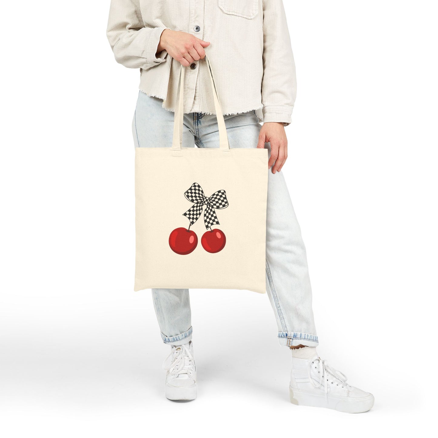 Cherry Print Canvas Tote Bag, Eco-Friendly Grocery Tote, Cute Gift for Mom, Chic Shopping Bag, Summer Accessory