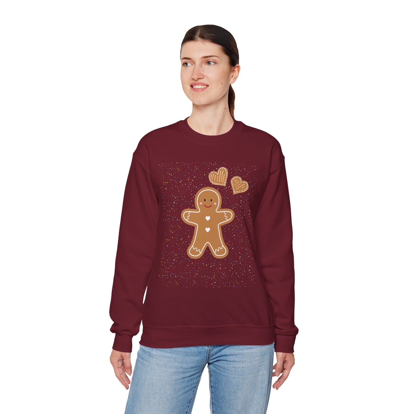 Gingerbread Heart Sweatshirt for Cozy Holidays, Unisex Crewneck Pullover, Christmas Gift, Festive Apparel, Winter Fashion