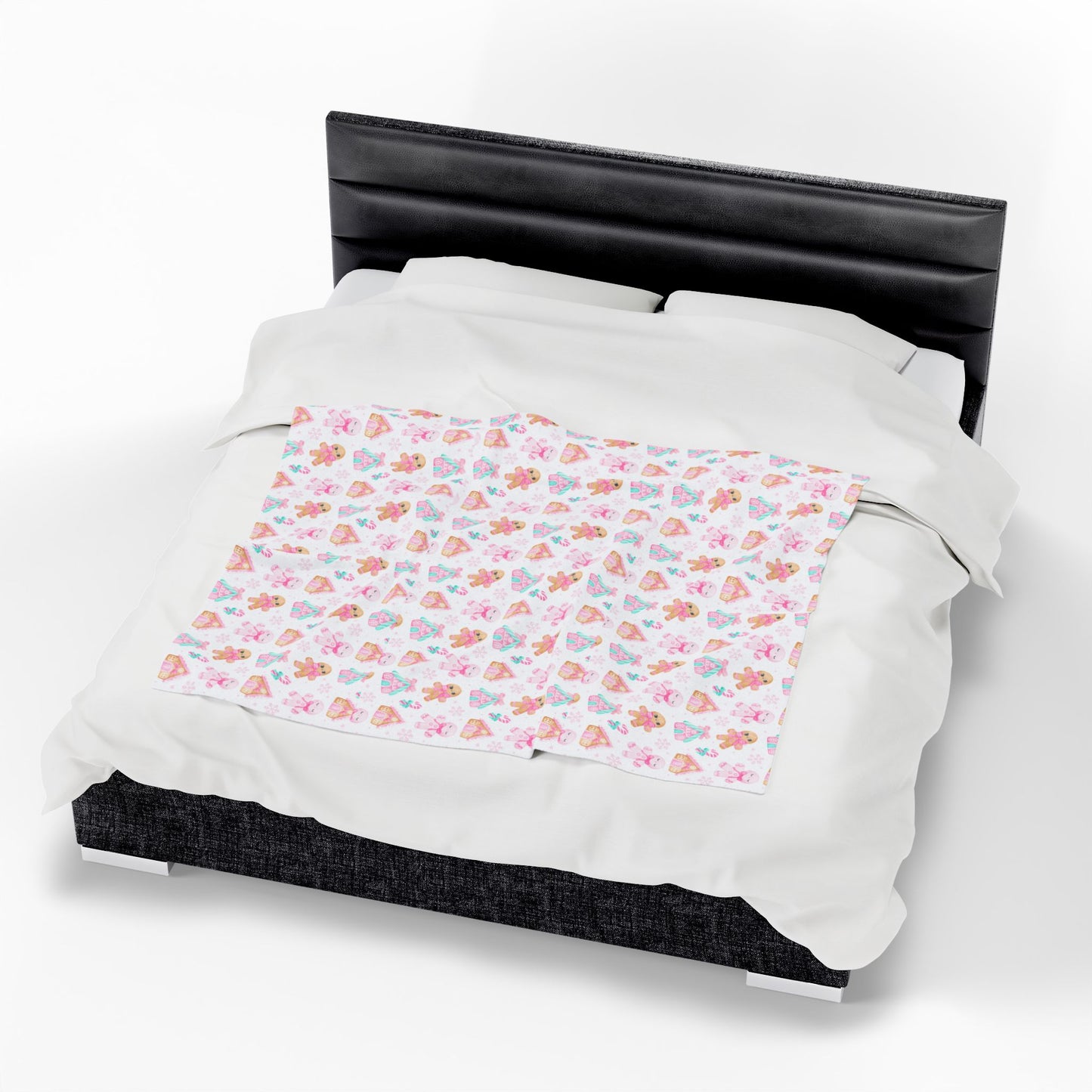 Pink Gingerbread Christmas Velveteen Plush Blanket, Holiday Cozy Soft Blanket, Great Holiday Gift, Gingerbread House Throw Bedding