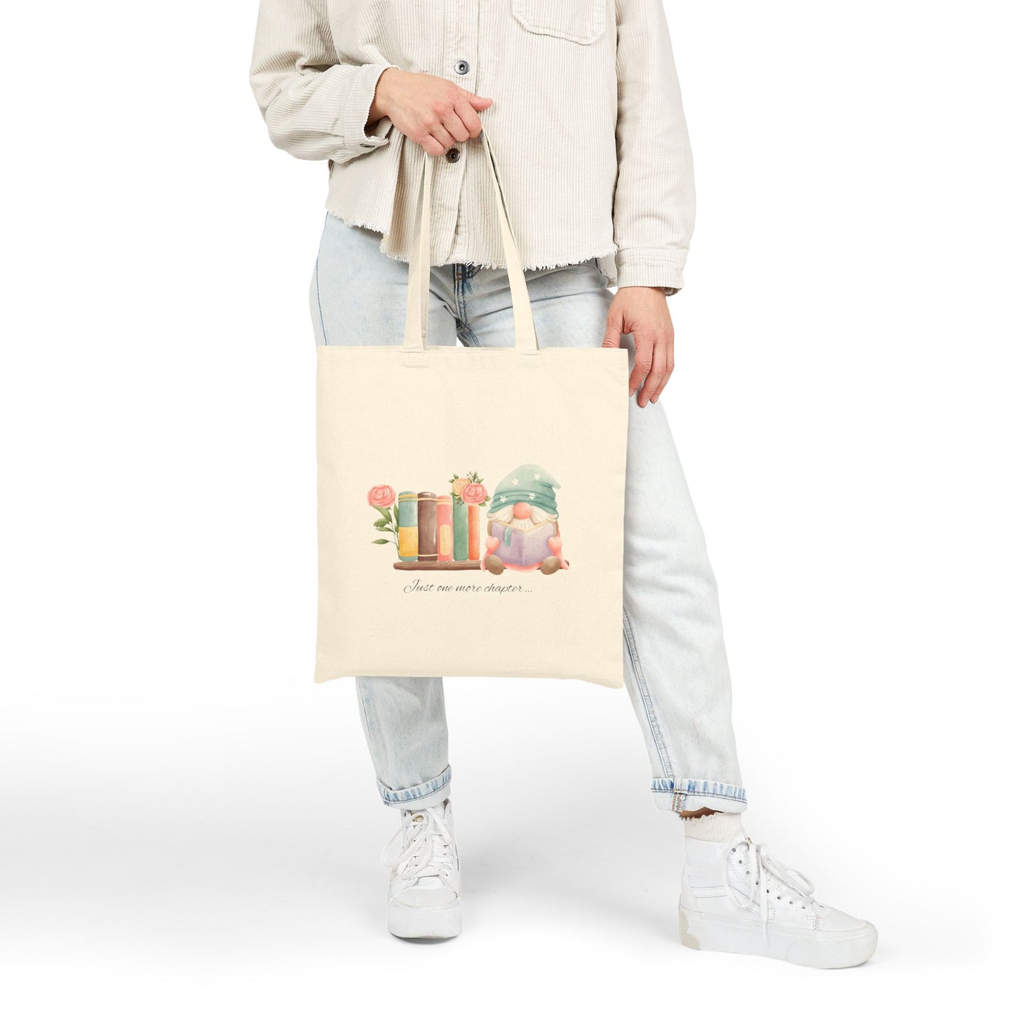 Just One More Chapter Gnome Book Lover Canvas Tote Bag, Eco-Friendly Shopping, Gifts for Readers, Mother's Day, Book Clubs