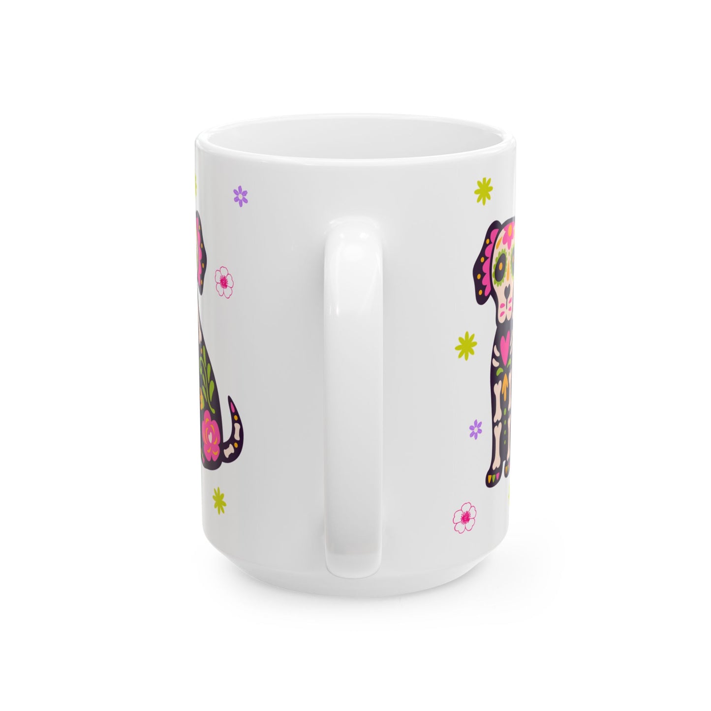 Colorful Day of the Dead Ceramic Mug, Halloween Gift, Sugar Skull Cup, Dog Lover's Mug, Festive Coffee Tea Cup