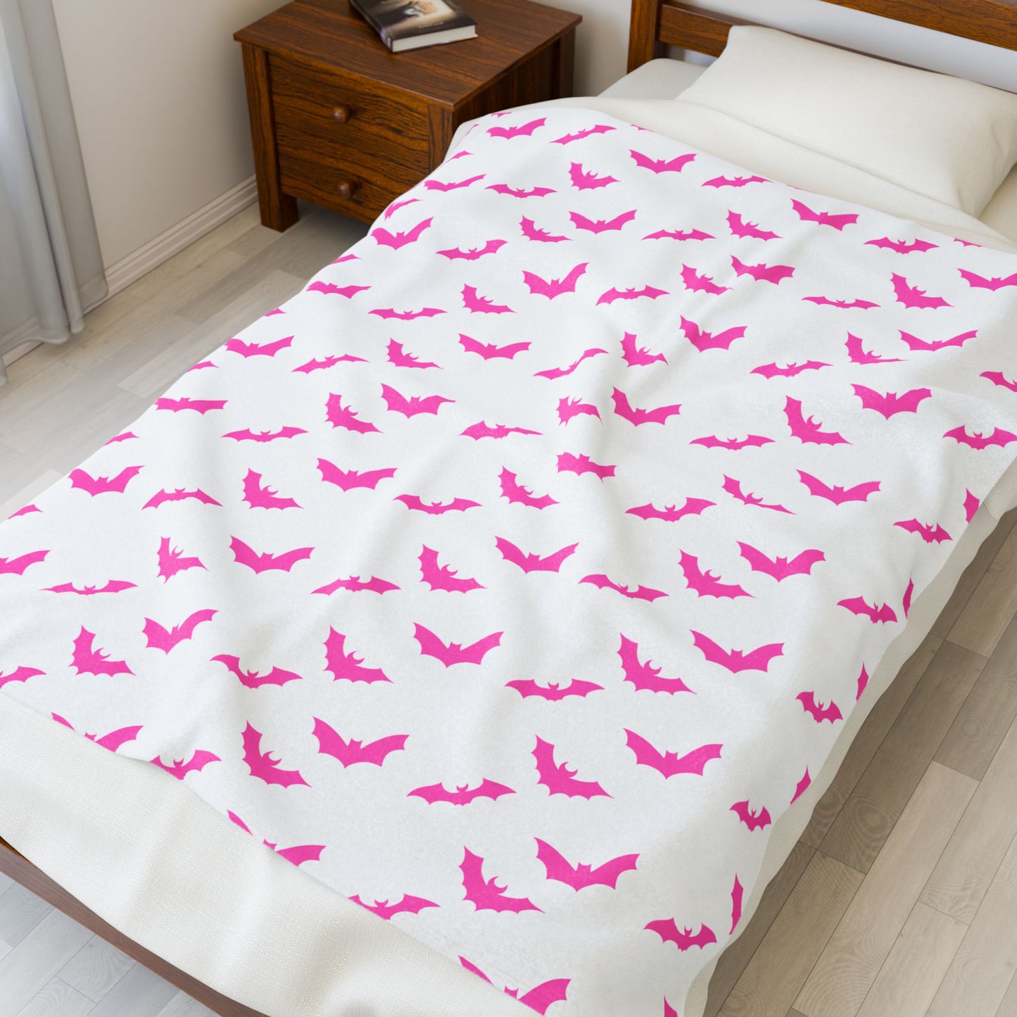 Pink Bat Blanket, White Plush Throw Blanket, Cute Halloween Blanket, Cozy Soft Bat Decor Gift