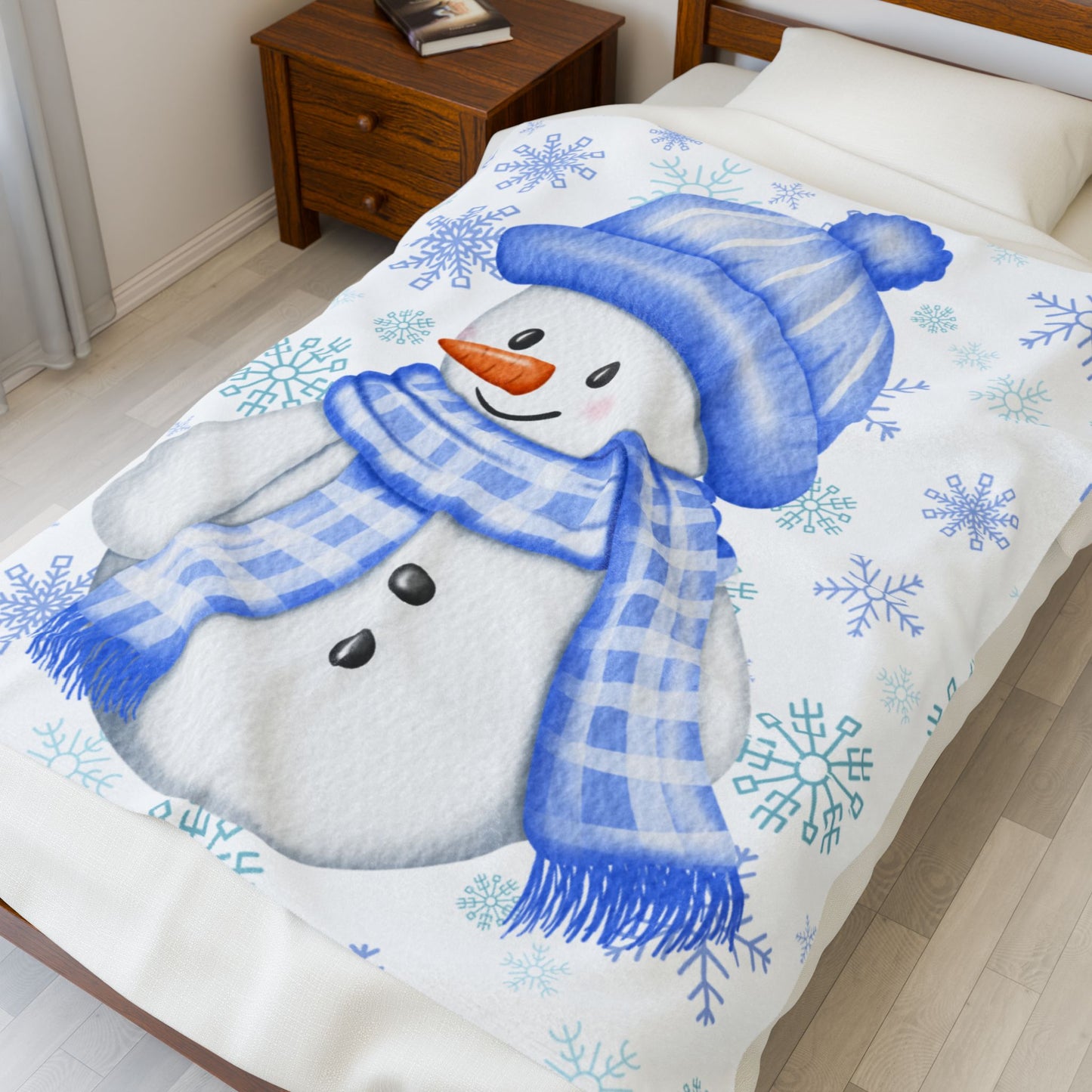 Cozy Blue Snowman Velveteen Plush Blanket | Winter Decor, Gift for Kids, Holiday Snuggle Blanket, Soft Warm Home Accessory, Seasonal Throw
