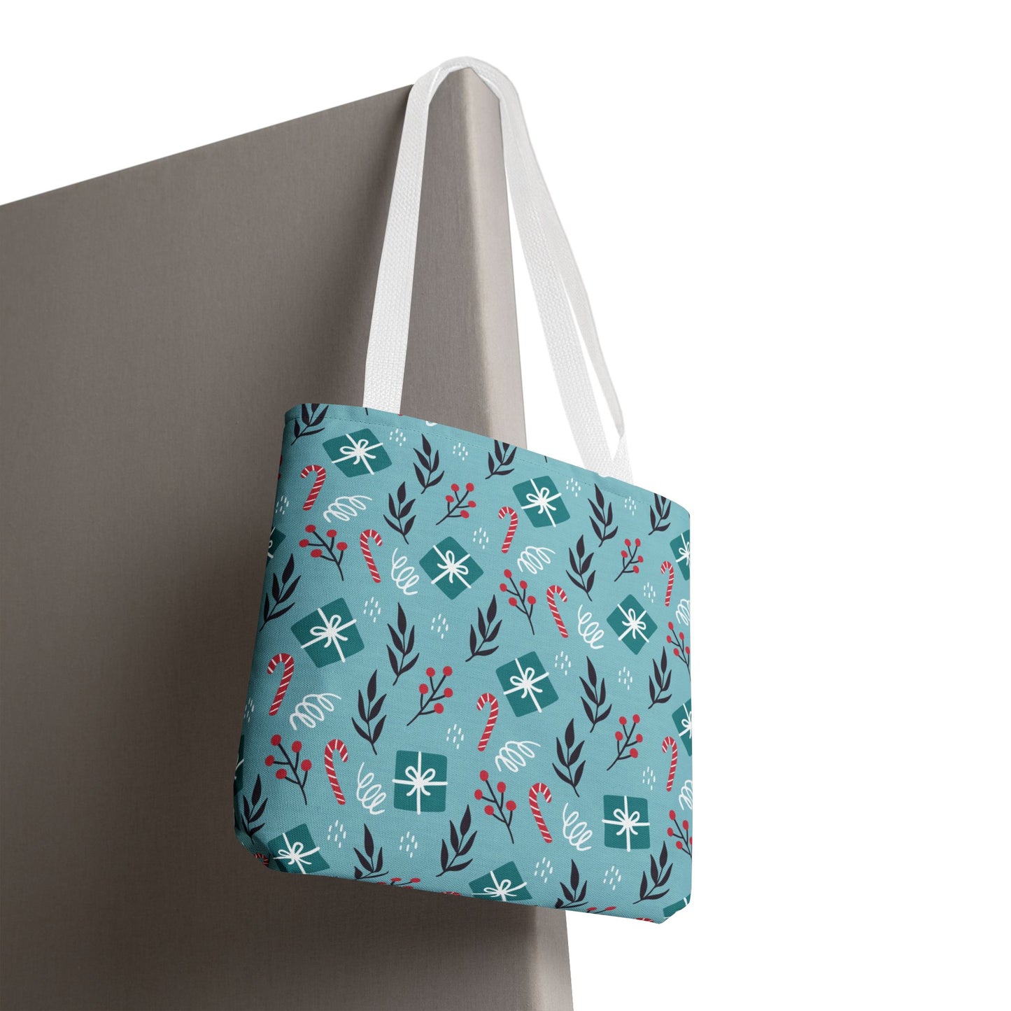 Holiday Gift Pattern Tote Bag – Teal Christmas Candy Cane & Berry Design