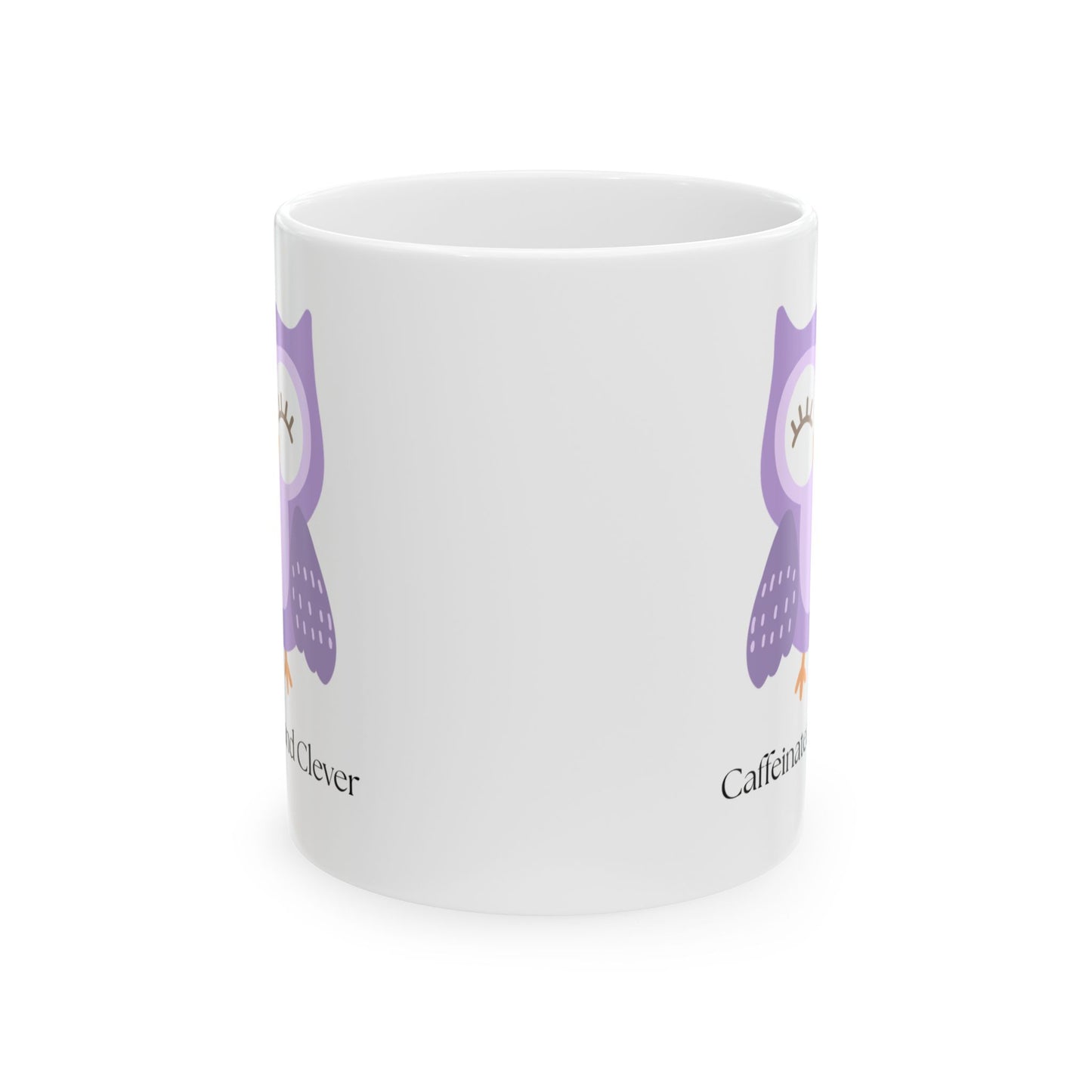 Caffeinated and Clever Mug, Cute Purple Owl Coffee Cup, Ceramic Mug for Book Lovers & Owl Fans