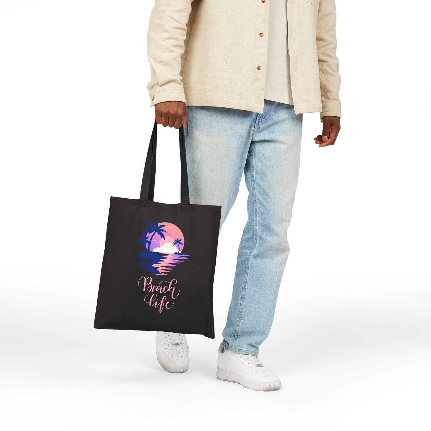 Beach Life Cotton Canvas Tote Bag – Coastal Palm Sunset Design