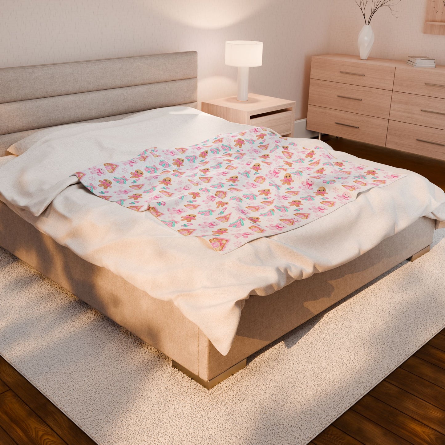 Pink Gingerbread Christmas Velveteen Plush Blanket, Holiday Cozy Soft Blanket, Great Holiday Gift, Gingerbread House Throw Bedding