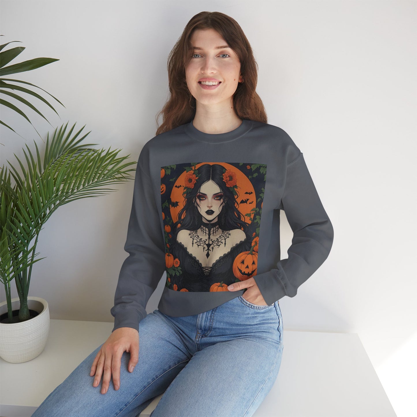 Floral Gothic Girl Halloween Sweatshirt, Cozy Crewneck for Fall, Spooky Season Apparel, Perfect for October Celebrations