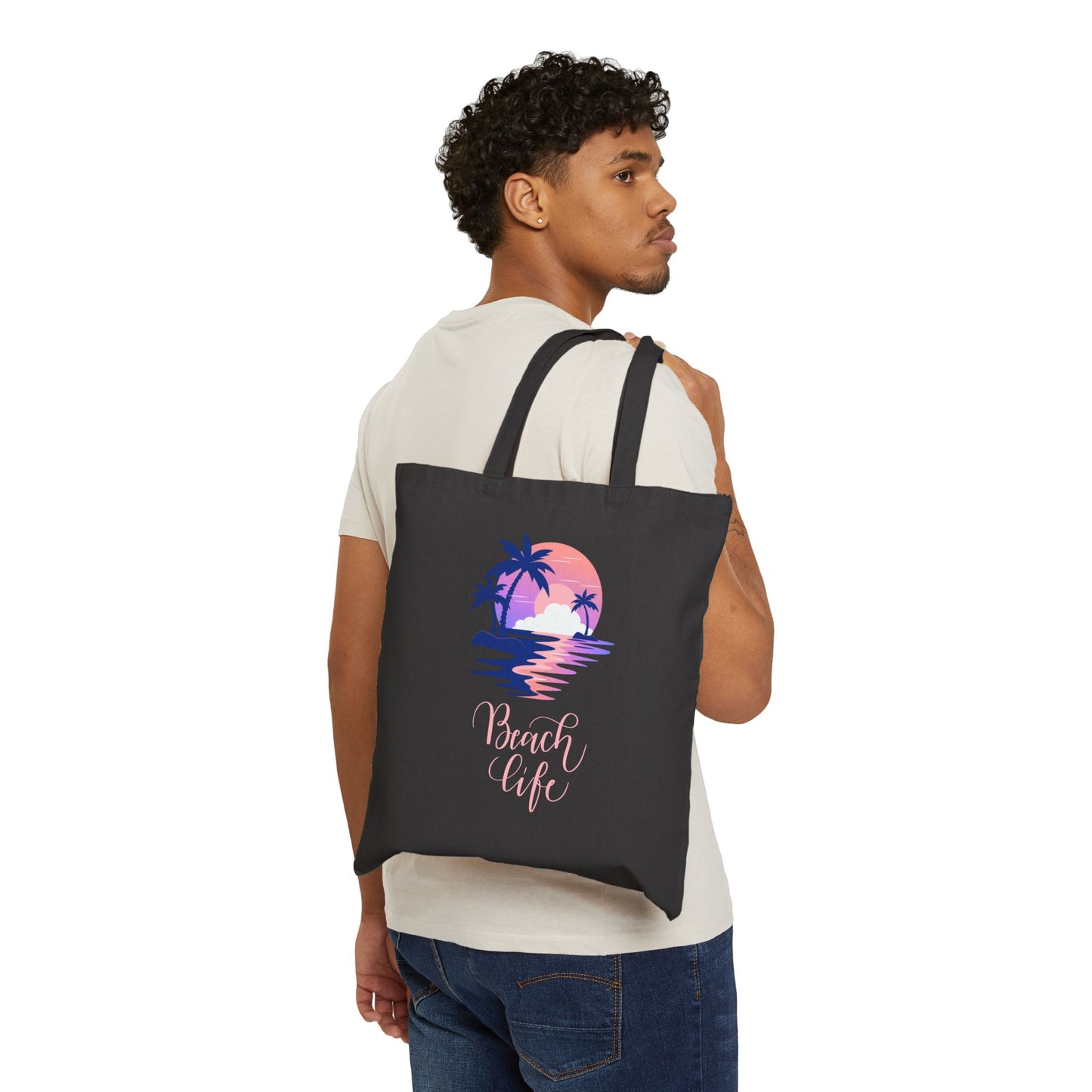 Beach Life Cotton Canvas Tote Bag – Coastal Palm Sunset Design