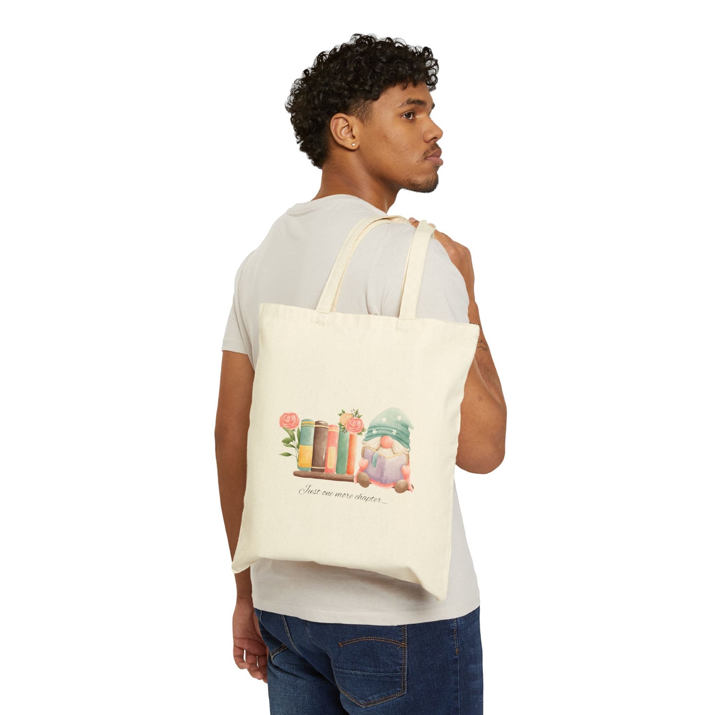 Just One More Chapter Gnome Book Lover Canvas Tote Bag, Eco-Friendly Shopping, Gifts for Readers, Mother's Day, Book Clubs