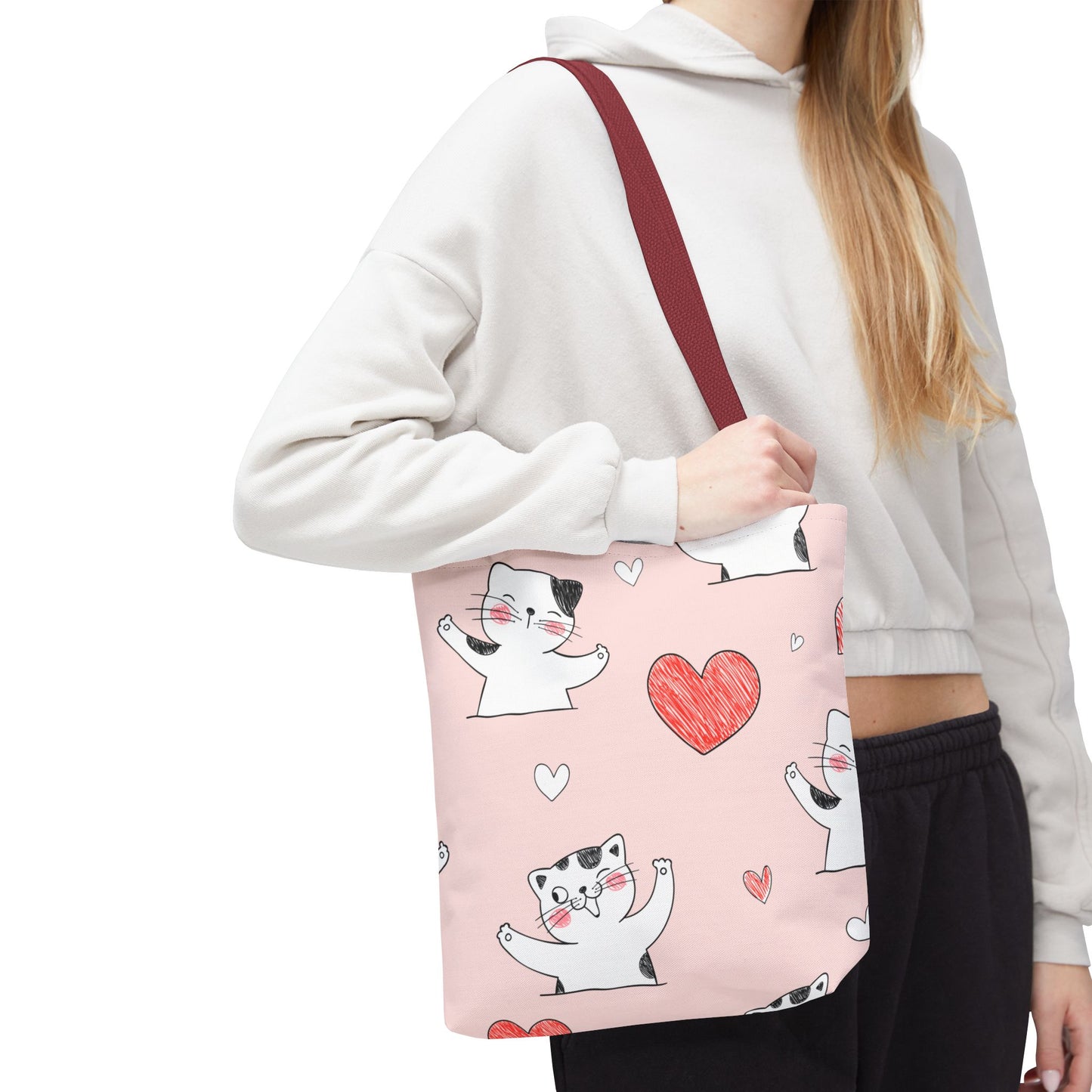 Cute Cat & Heart Canvas Tote Bag β Pink Reusable Shopping Bag for Cat Lovers
