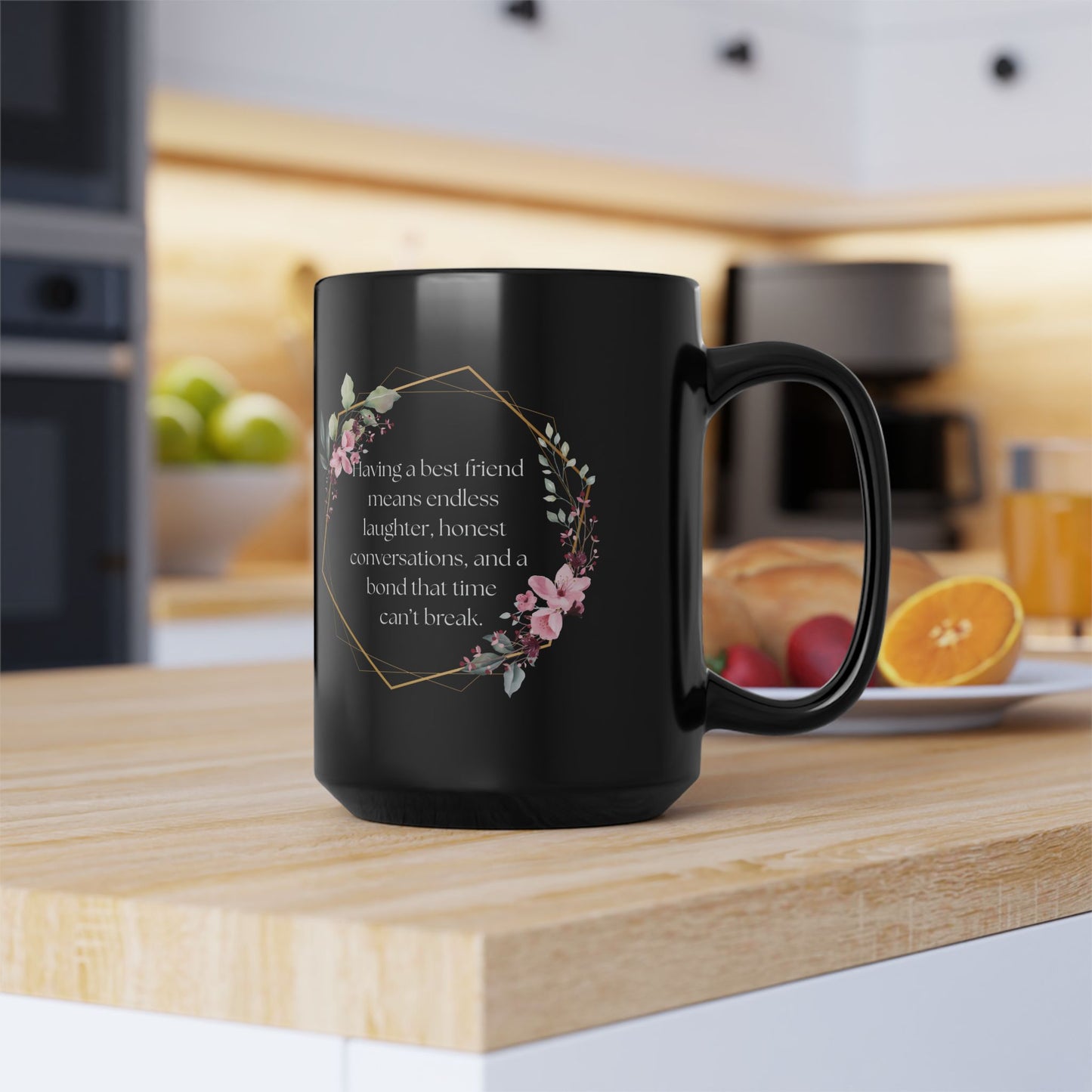 Best Friend Floral Black Mug - Inspirational Gift for Friends, Coffee Tea Lovers, Birthday, Friendship Celebrations, Motivational