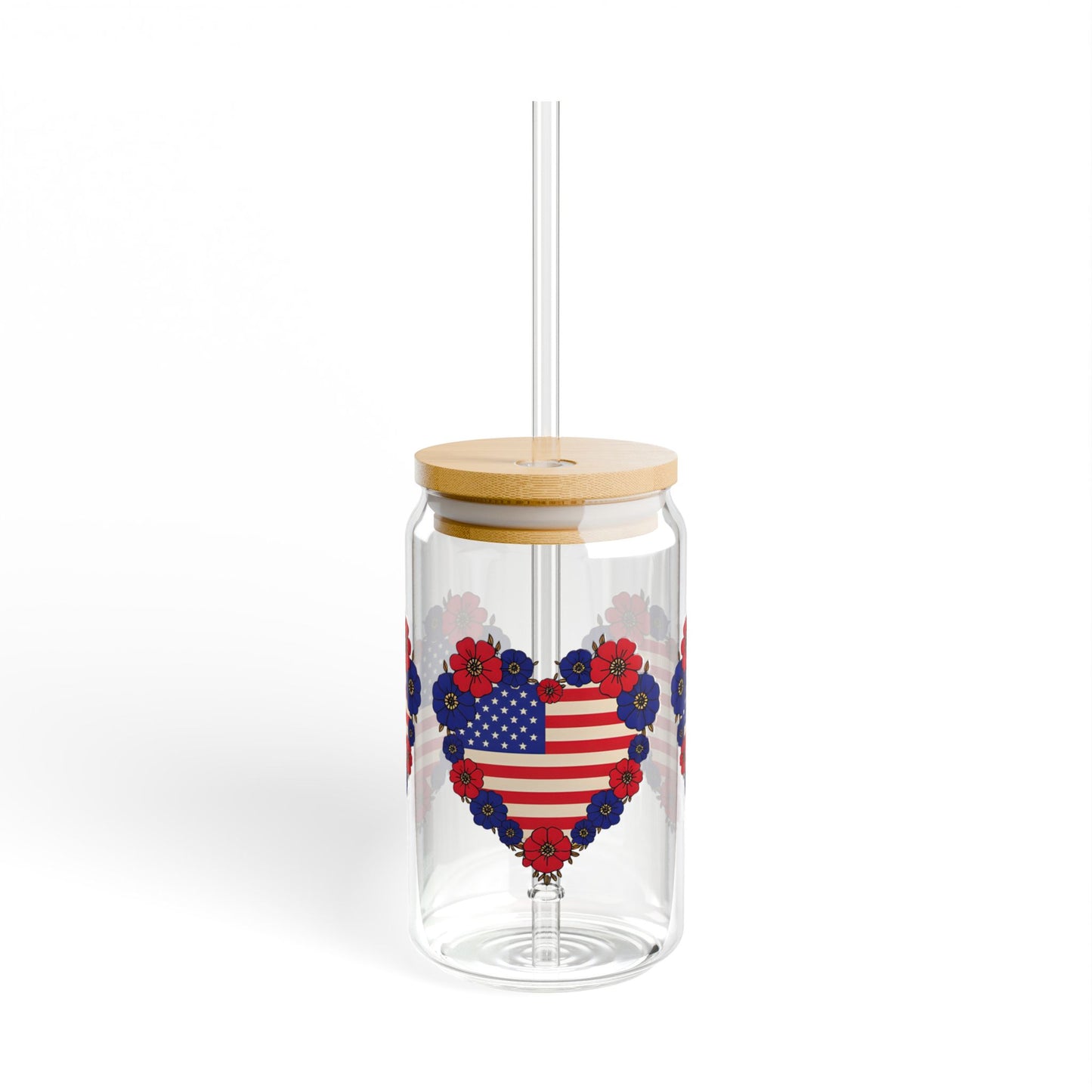 Patriotic Floral Heart Sipper Glass, 16oz - USA Heart Design, Floral Water Bottle, Summer Drinkware, Eco-Friendly Tumblers