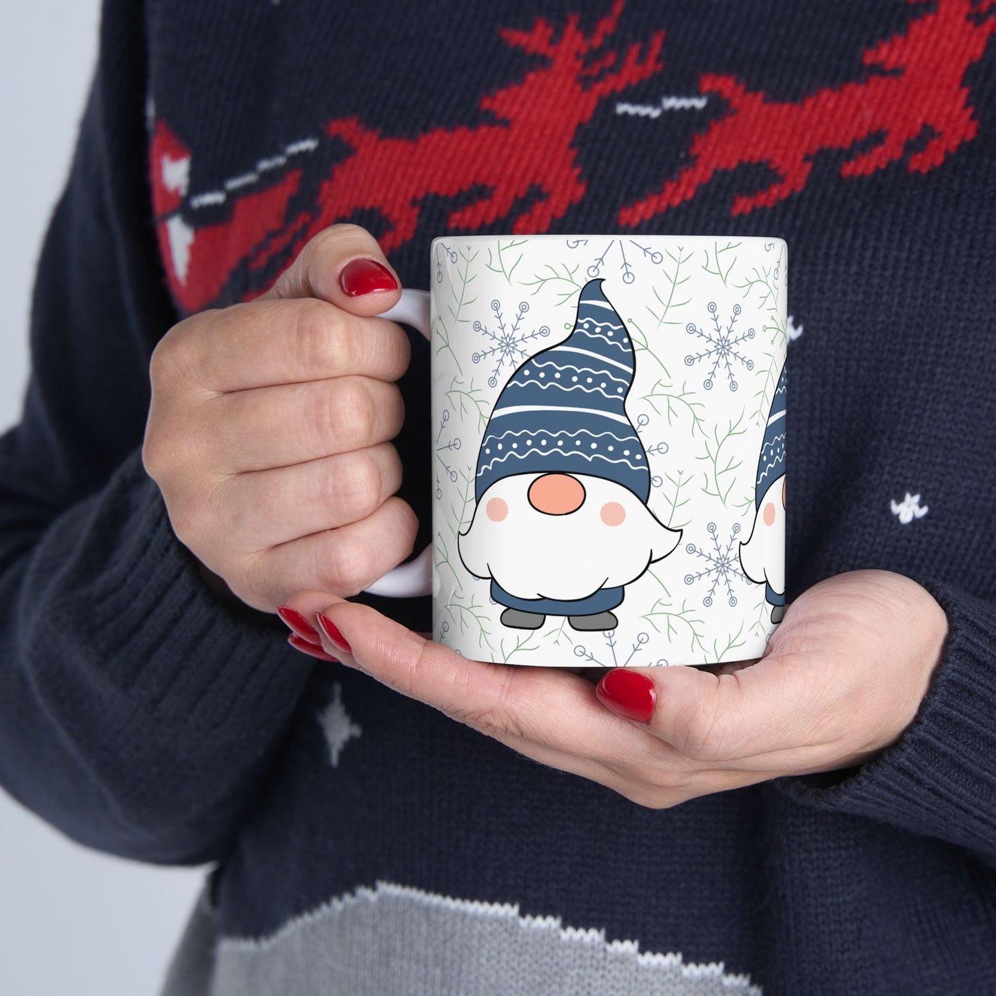 Blue Gnome Winter Mug, Snowflake Ceramic Coffee Cup, Cozy Christmas Gift, 11oz Holiday Gnome Mug
