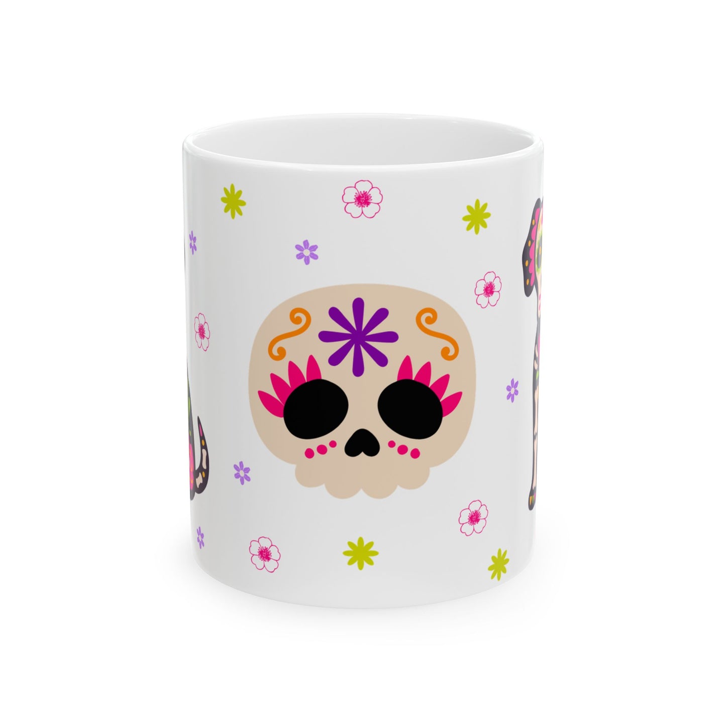 Colorful Day of the Dead Ceramic Mug, Halloween Gift, Sugar Skull Cup, Dog Lover's Mug, Festive Coffee Tea Cup