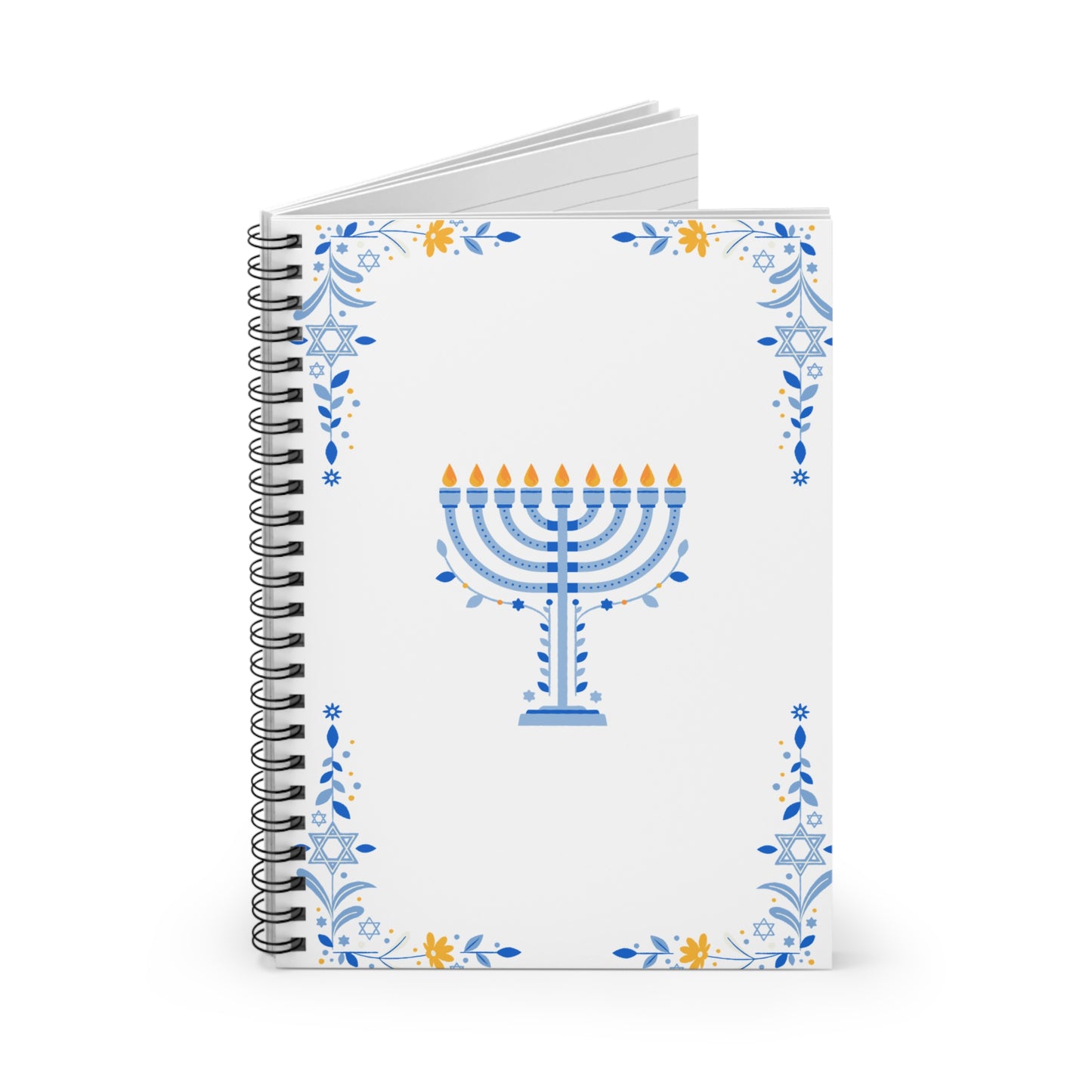 Happy Hanukkah Spiral Notebook – Menorah Design Journal with Blue & Gold Accents
