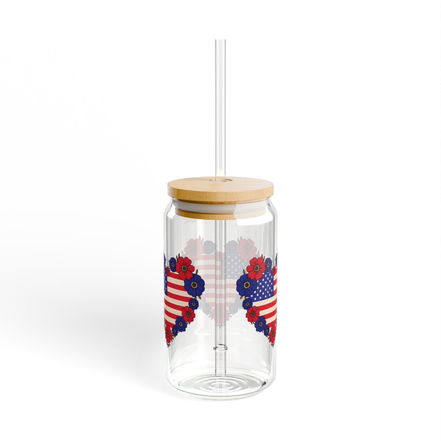 Patriotic Floral Heart Sipper Glass, 16oz - USA Heart Design, Floral Water Bottle, Summer Drinkware, Eco-Friendly Tumblers