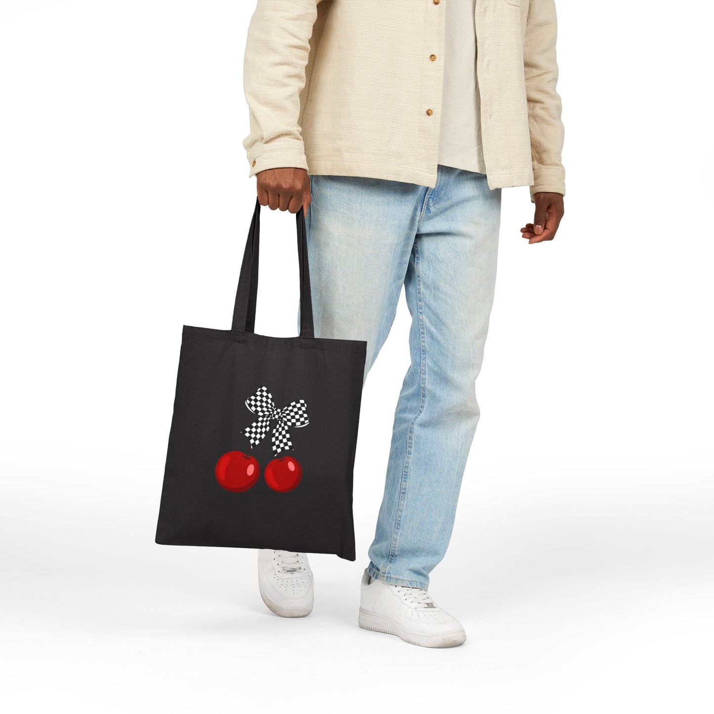 Cherry Print Canvas Tote Bag, Eco-Friendly Grocery Tote, Cute Gift for Mom, Chic Shopping Bag, Summer Accessory